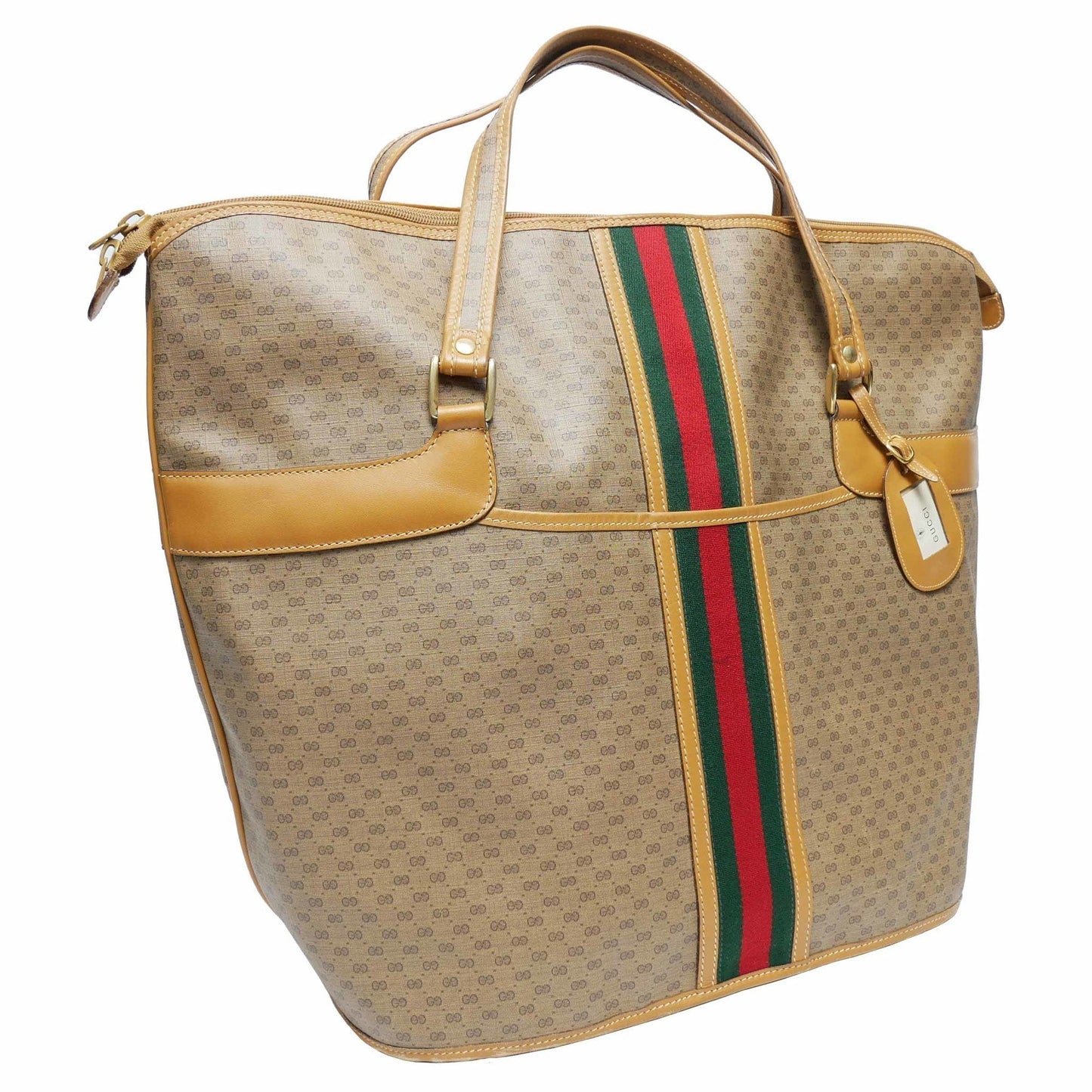 Gucci Old Gucci Large Tote Bag Boston Travel Unisex 1980s 80s Sherry Line Micro GG Pattern Capacity Leather Gold Hardware Beige Camel