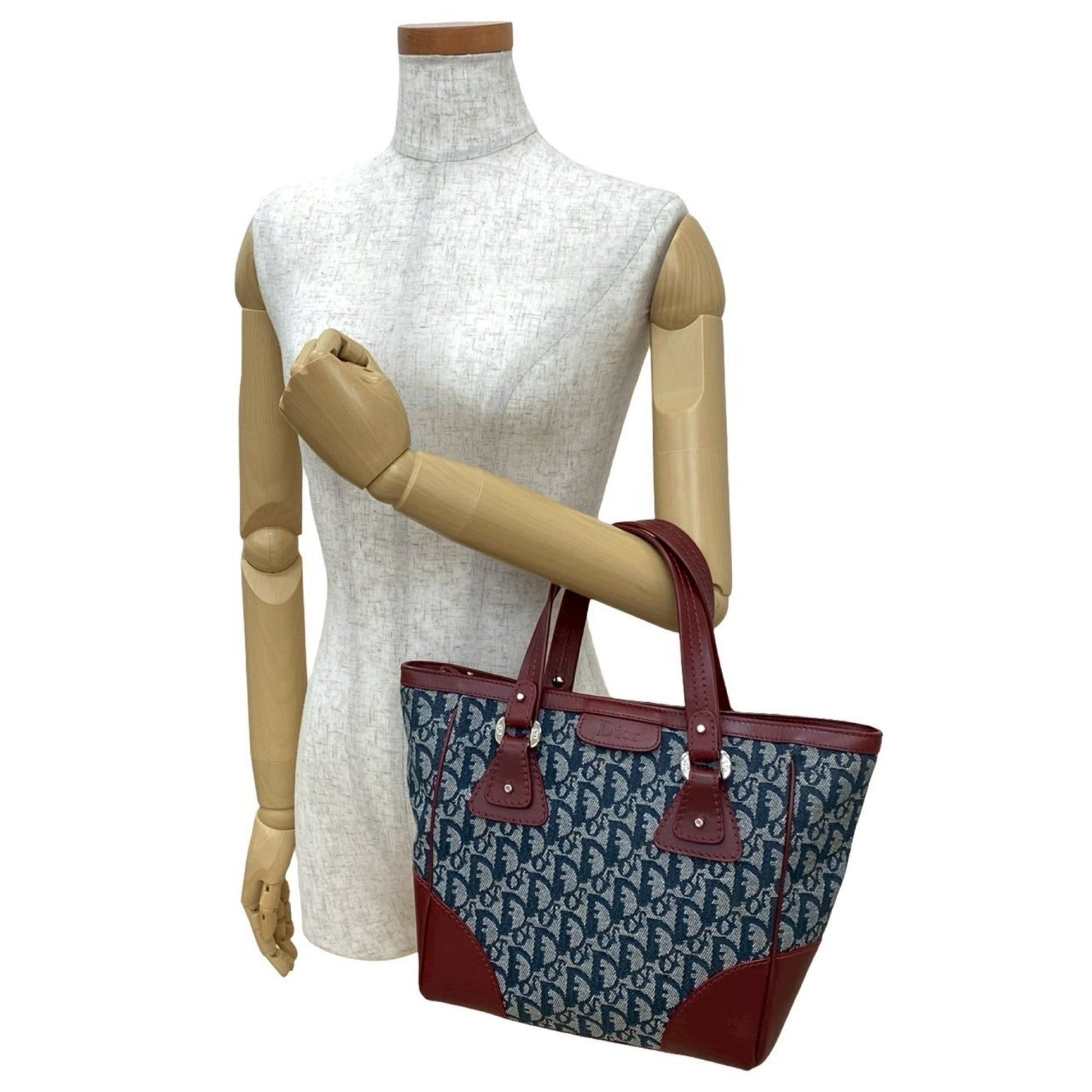 Christian Dior Navy Wine Canvas Leather Handbag Tote Bag ()