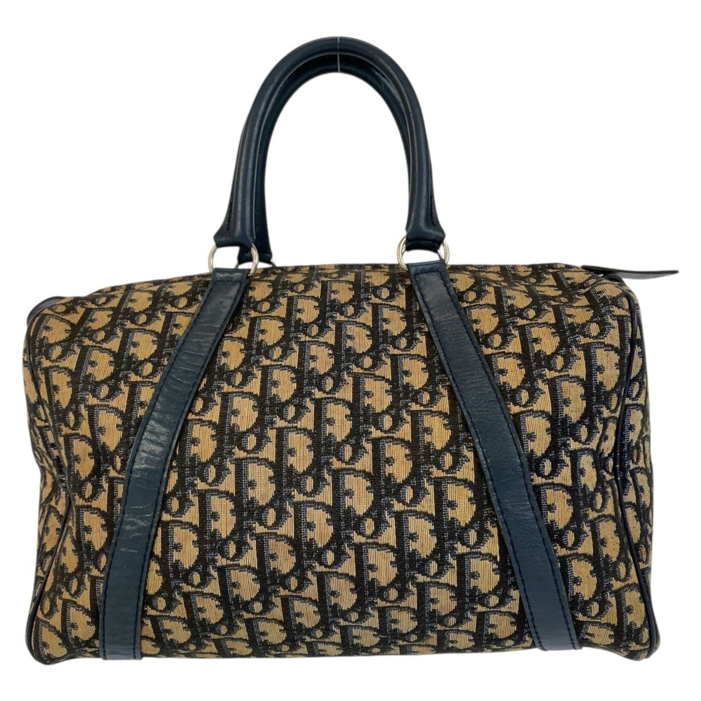 Christian Dior Trotter Beige Navy Canvas Leather Boston Bag Handbag ()
