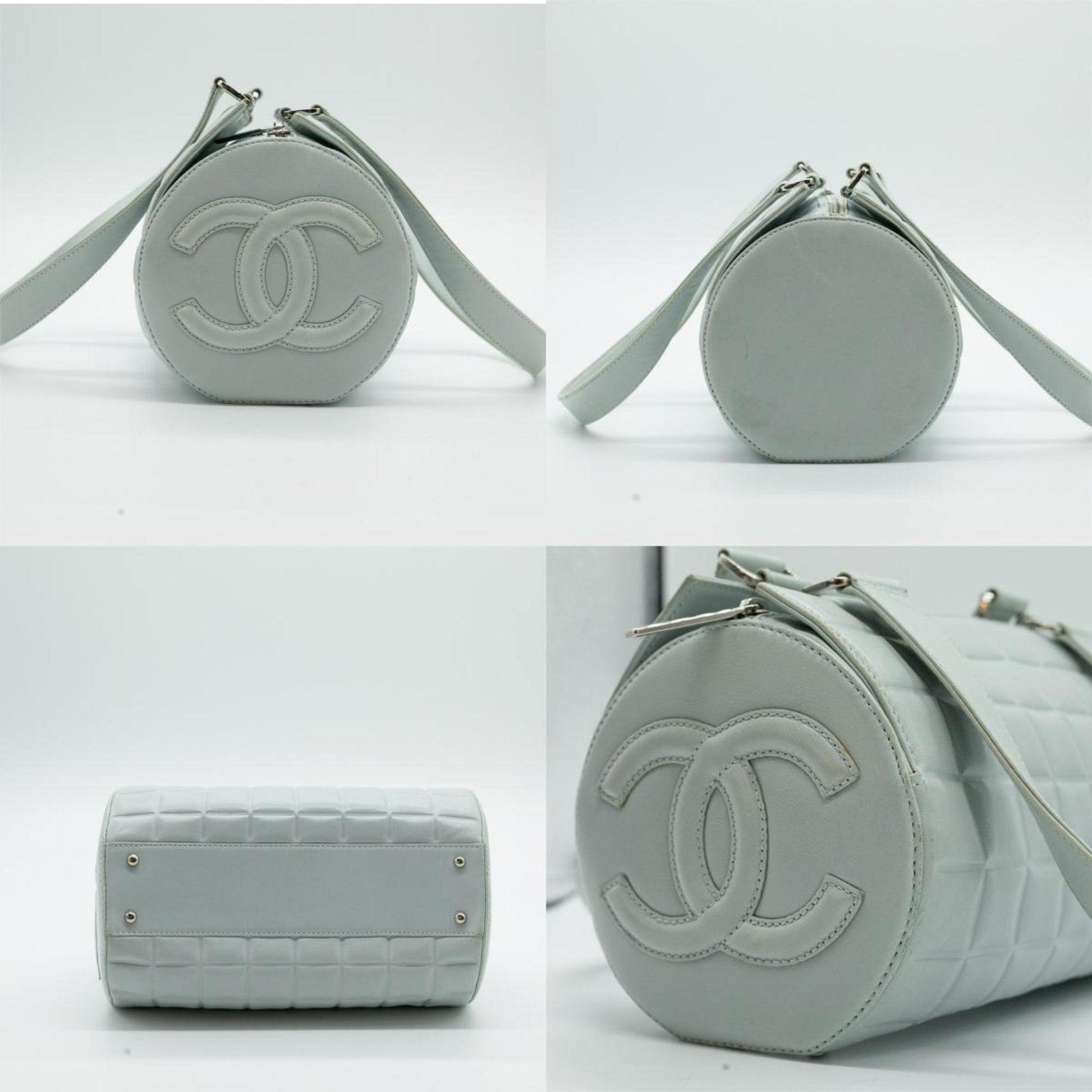 CHANEL Boston Bag Chocolate Bar Coco Mark Leather Light Blue Silver Women's PD292