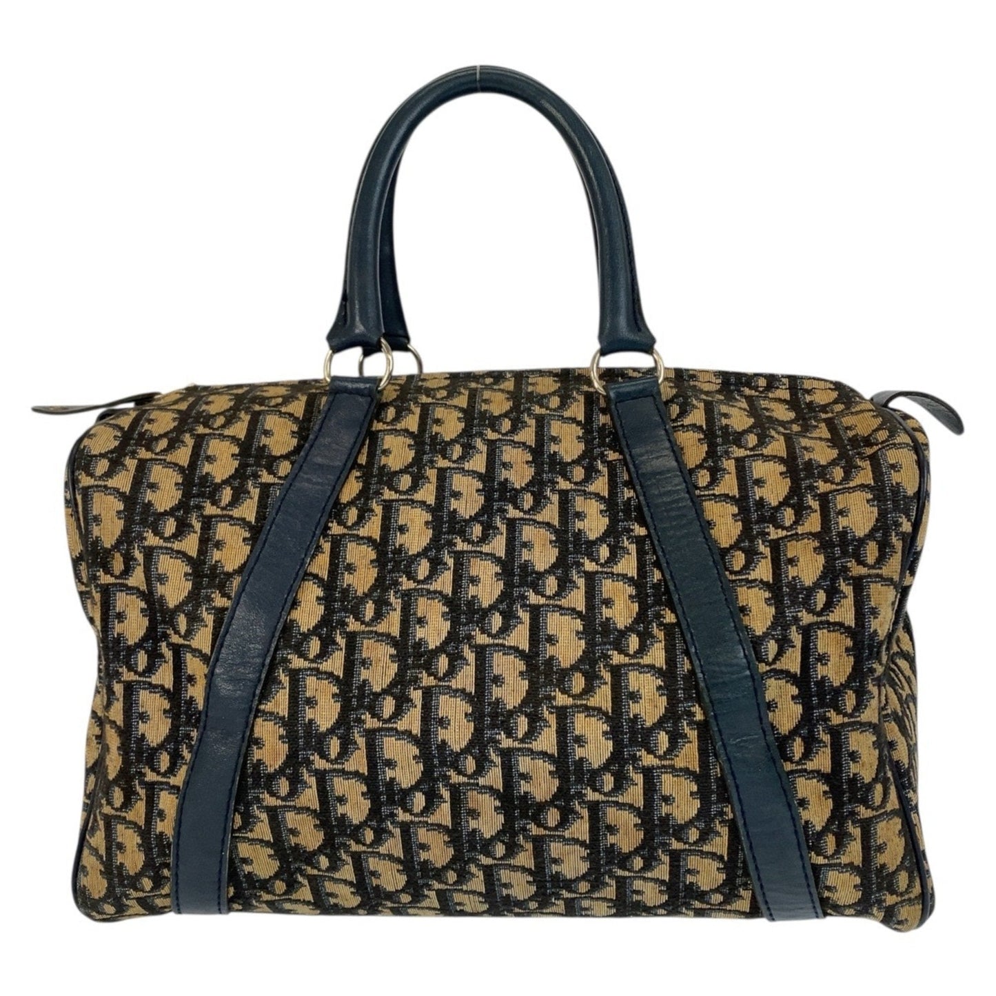 Christian Dior Trotter Beige Navy Canvas Leather Boston Bag Handbag ()