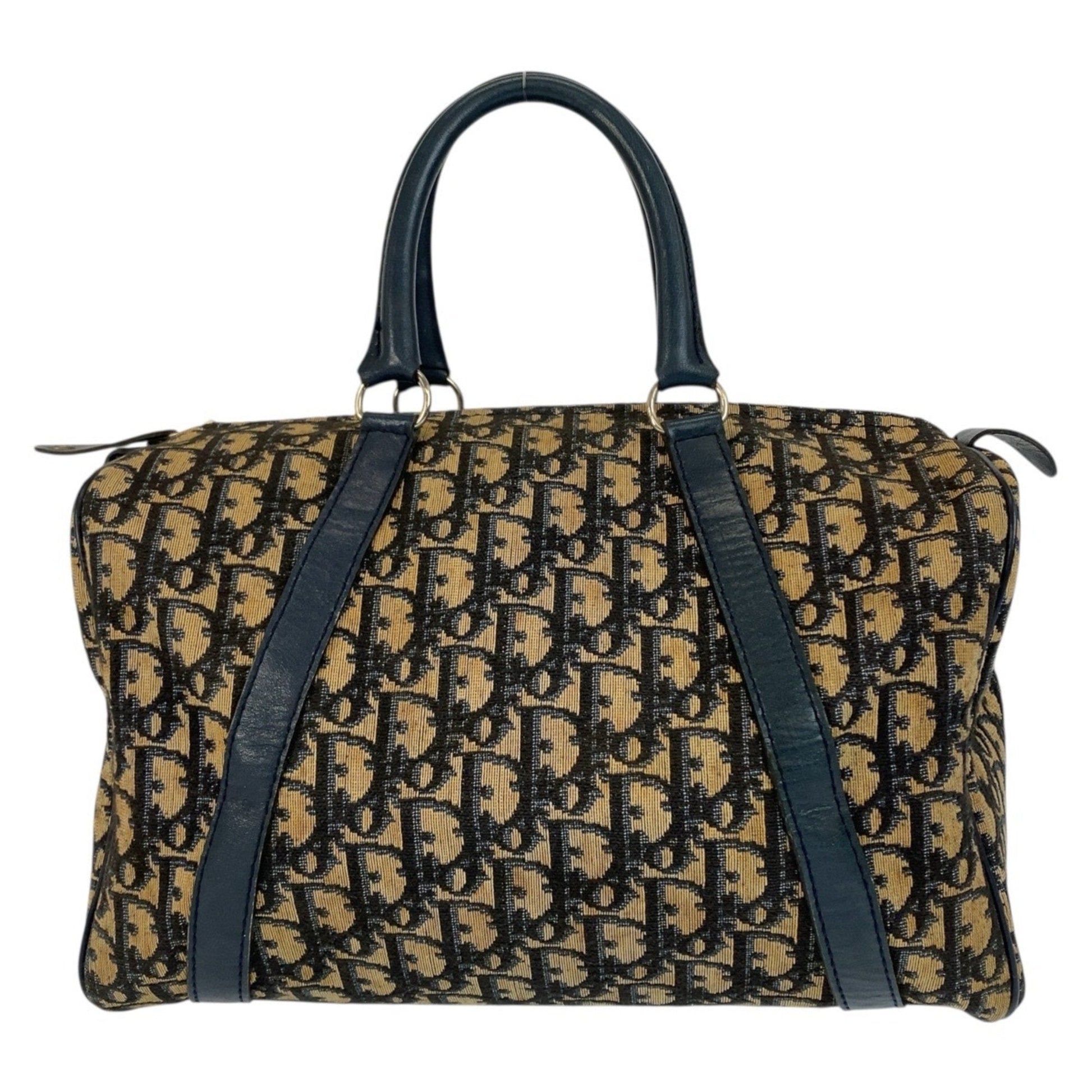Christian Dior Trotter Beige Navy Canvas Leather Boston Bag Handbag ()