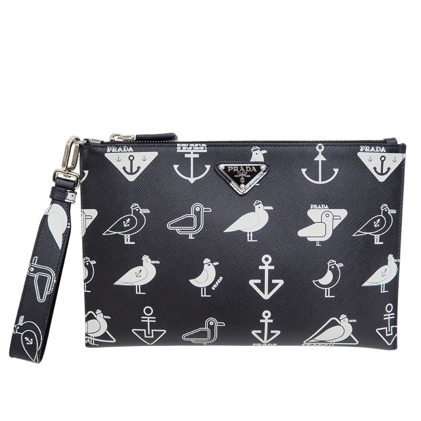 Prada Saffiano Leather Document Holder Black x White Clutch Bag Pouch