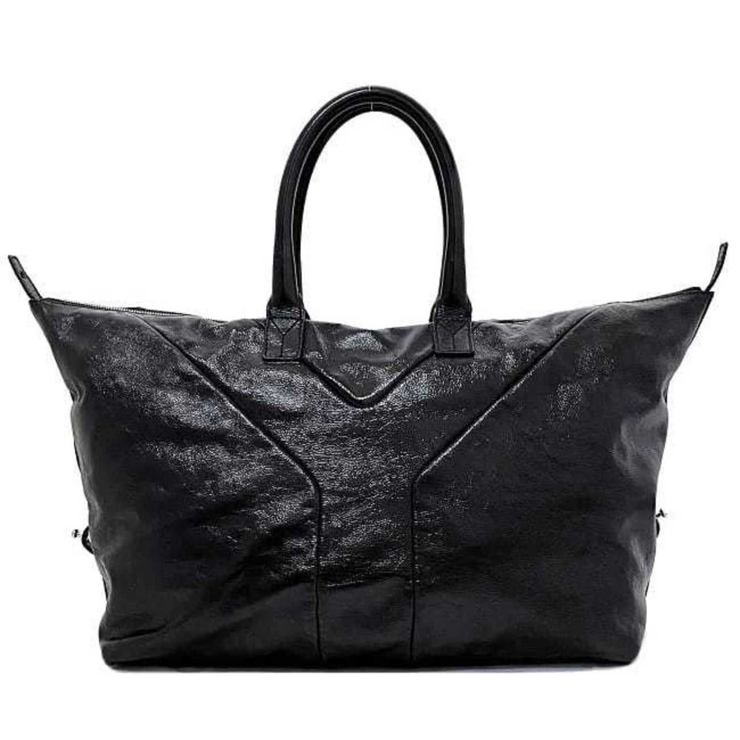 Yves Saint Laurent Easy Boston Bag Black Silver Tote Patent Leather YSL Embroidery Stitch Y