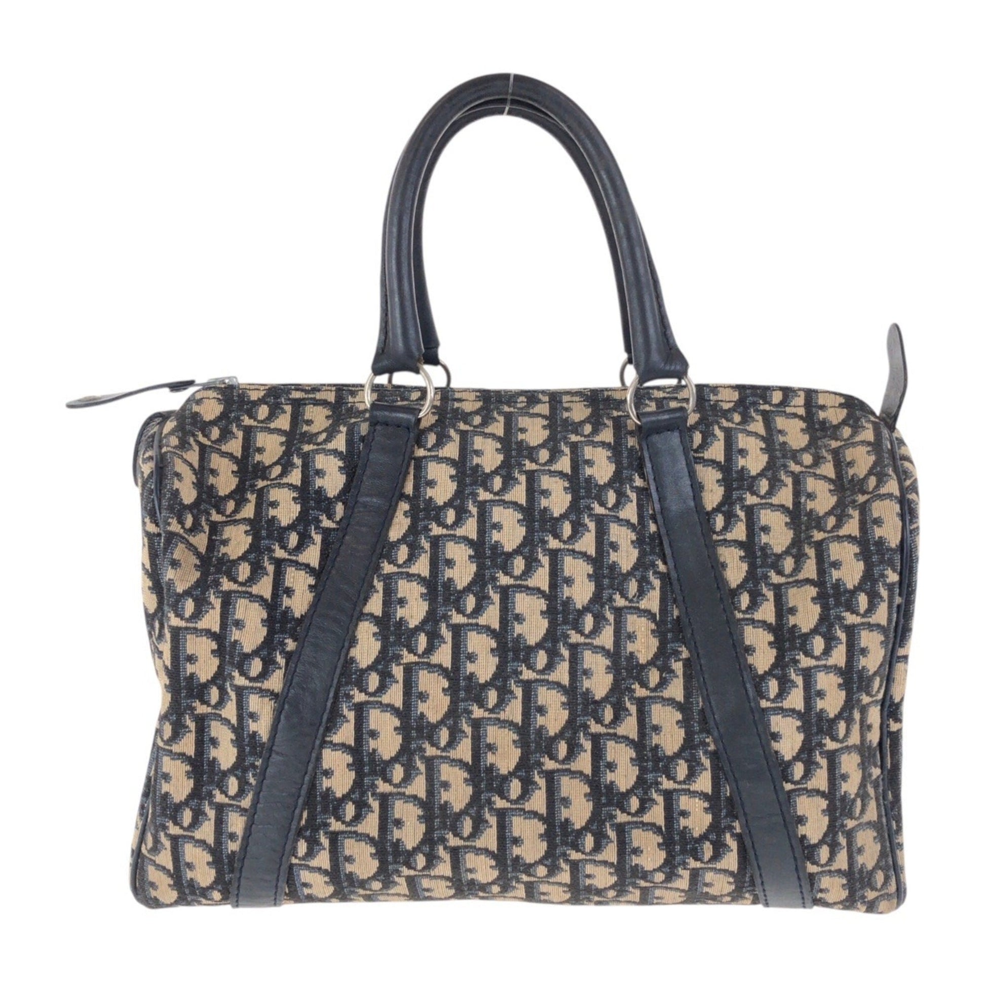 Christian Dior Trotter Beige Navy Canvas Leather Boston Bag Handbag ()