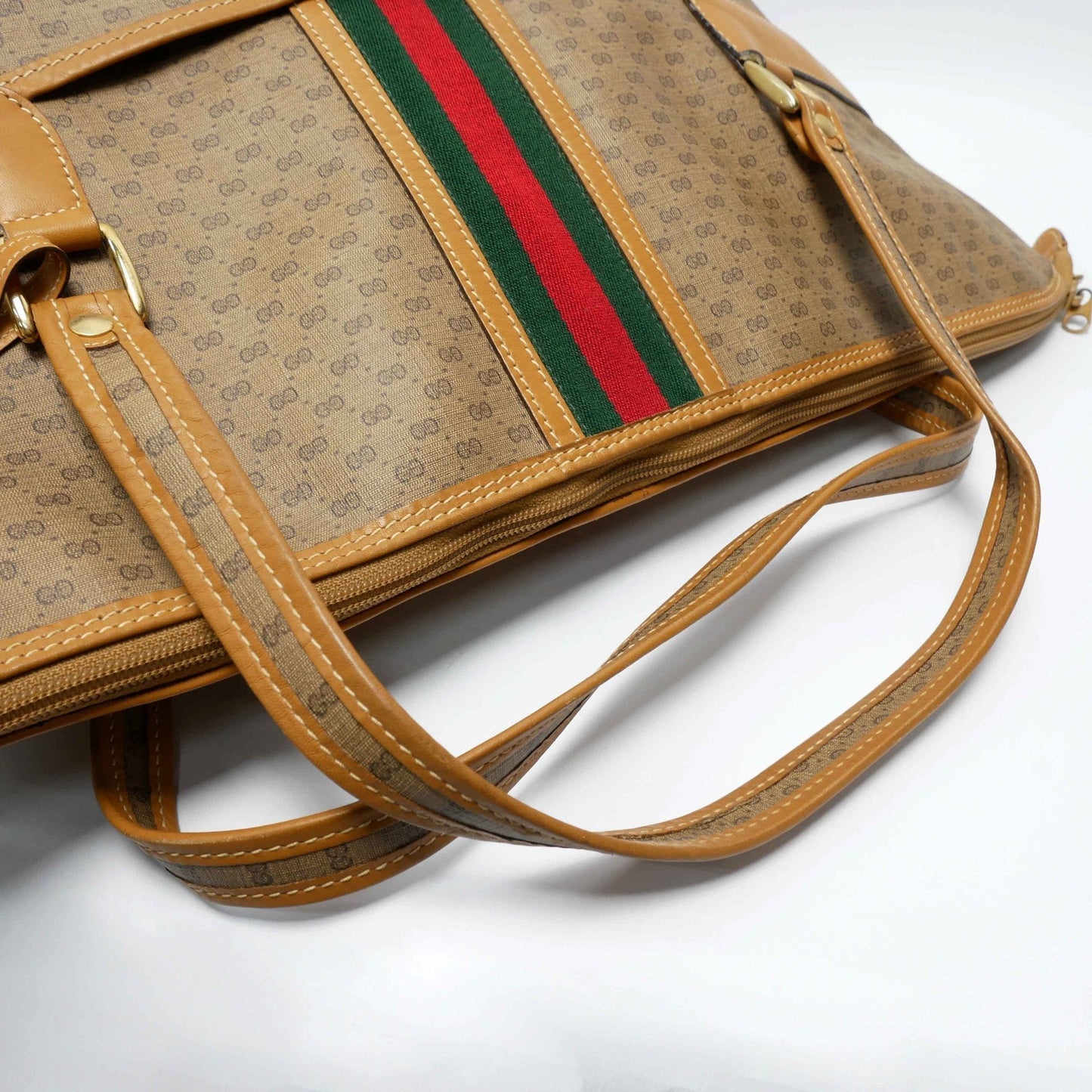 Gucci Old Gucci Large Tote Bag Boston Travel Unisex 1980s 80s Sherry Line Micro GG Pattern Capacity Leather Gold Hardware Beige Camel