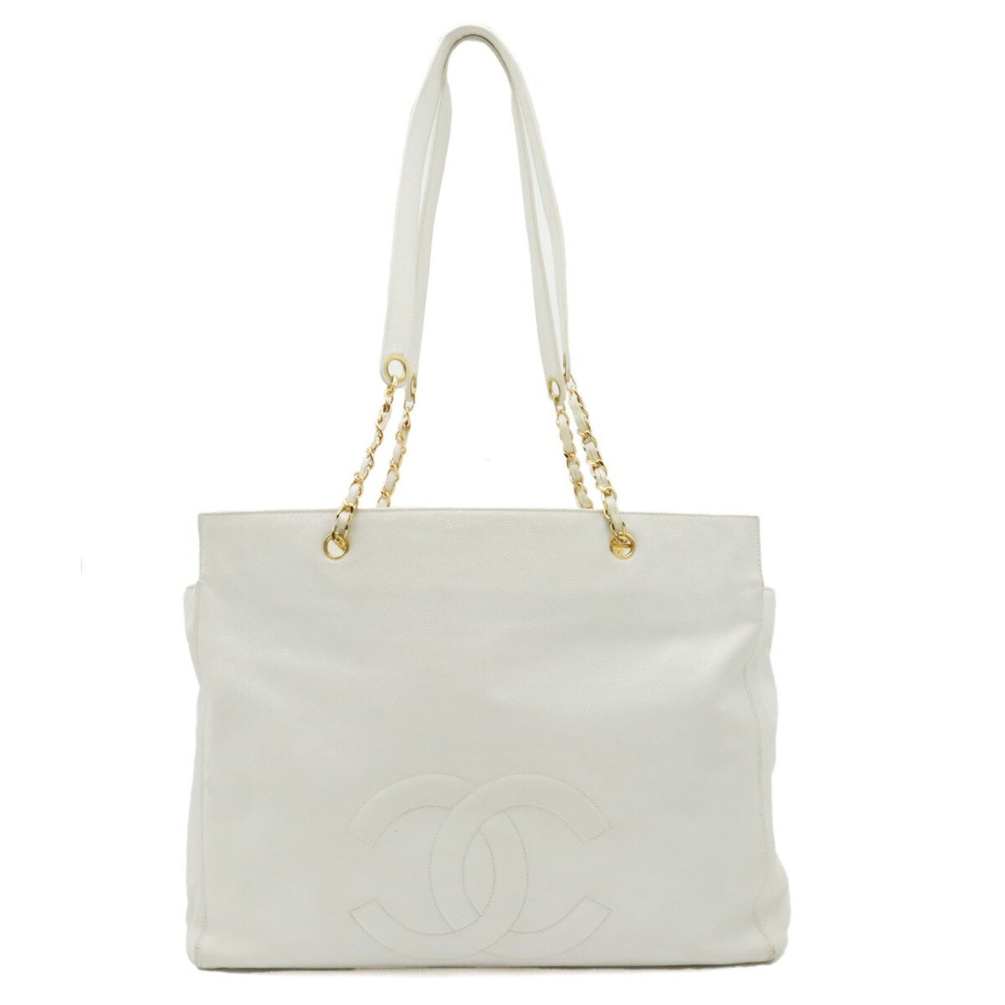 CHANEL Caviar Skin Coco Mark Chain Tote Bag Shoulder Leather White