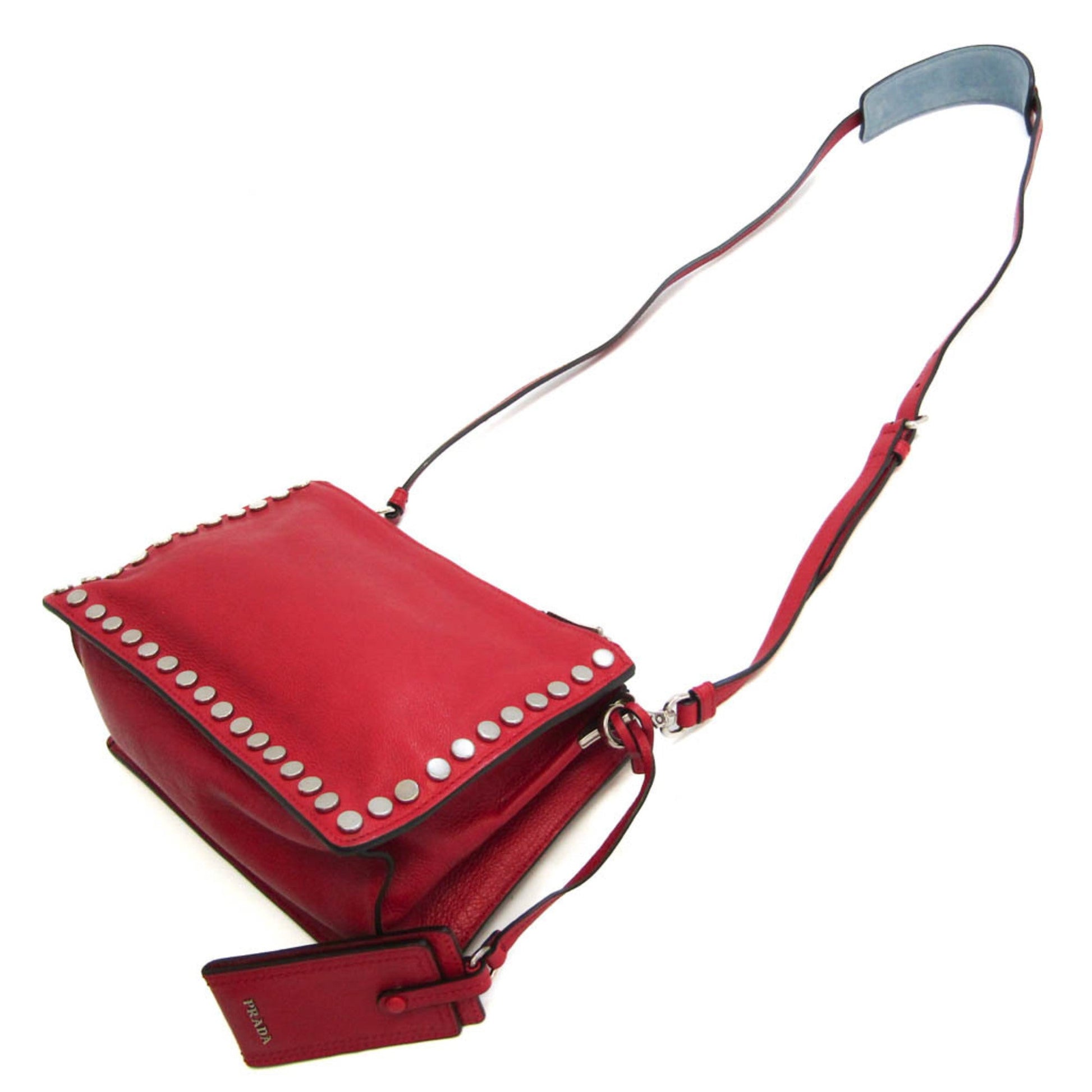 Prada Etiquette Studs Women's Leather Shoulder Bag Red Color