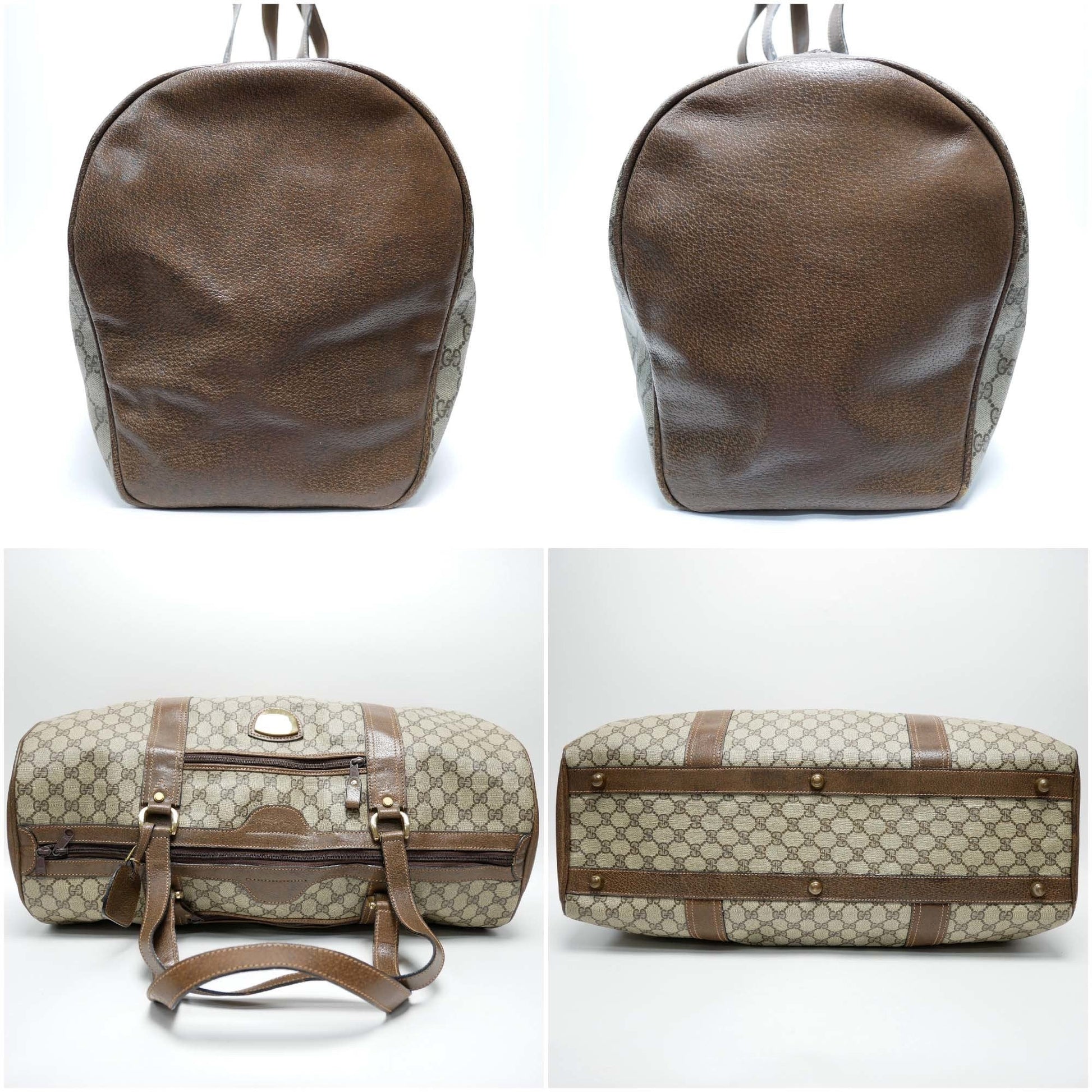 GUCCI Old Gucci Travel Bag Boston Unisex 1970's 70'S GG Pattern / Pigskin Gold Hardware Brown Beige