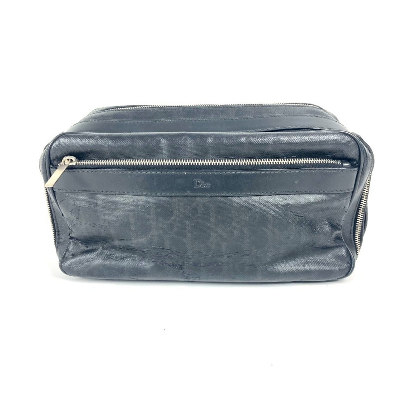 Christian Dior Black Leather Coated Canvas Clutch Bag Pouch ()