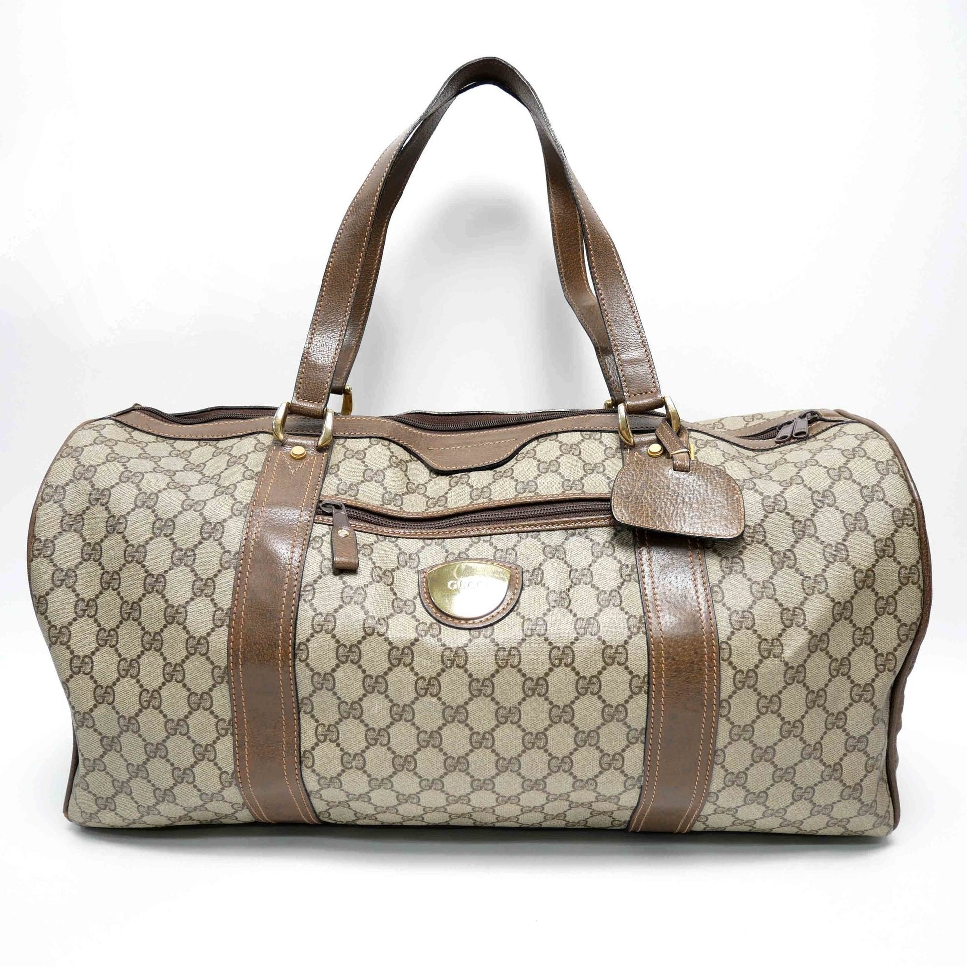 GUCCI Old Gucci Travel Bag Boston Unisex 1970's 70'S GG Pattern / Pigskin Gold Hardware Brown Beige