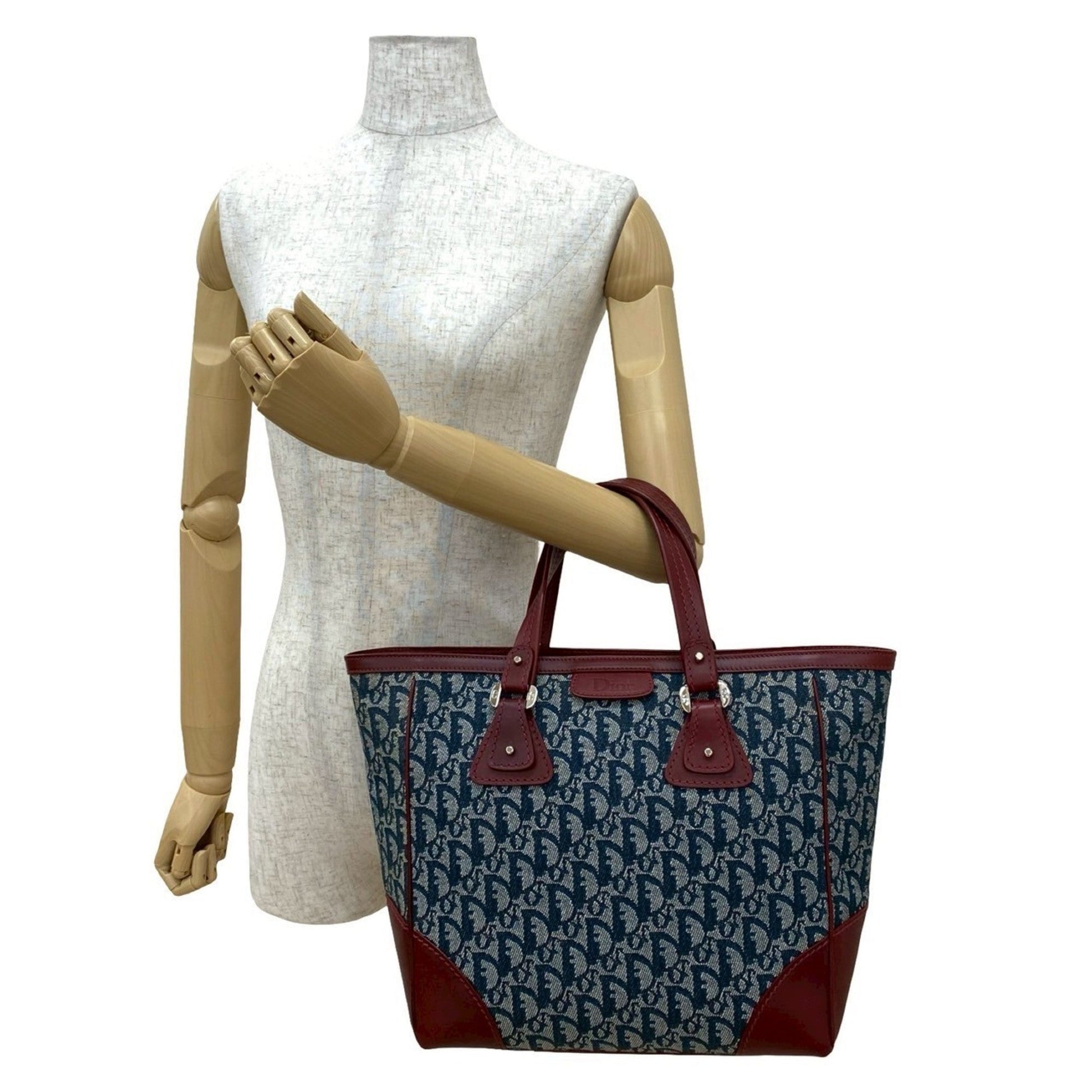 Christian Dior Navy Wine Canvas Leather Handbag Tote Bag ()