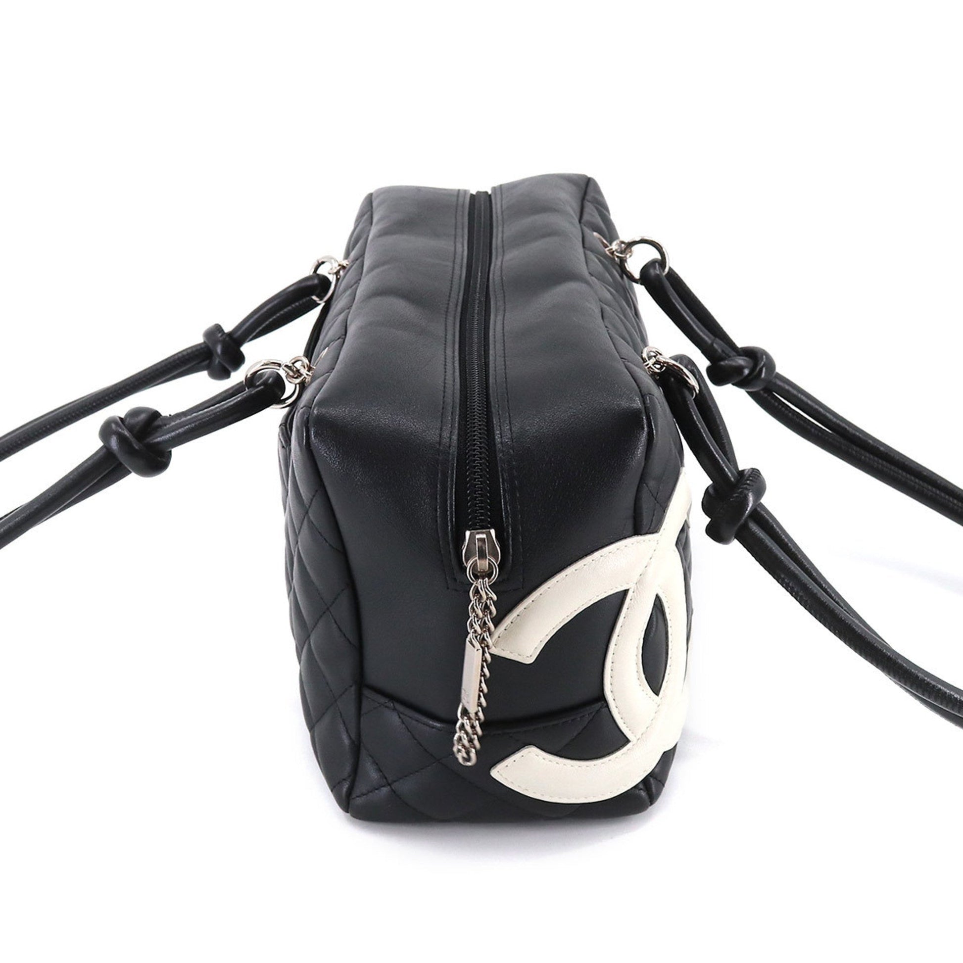 CHANEL Cambon Line Bowling Shoulder Bag Leather Black White A25171
