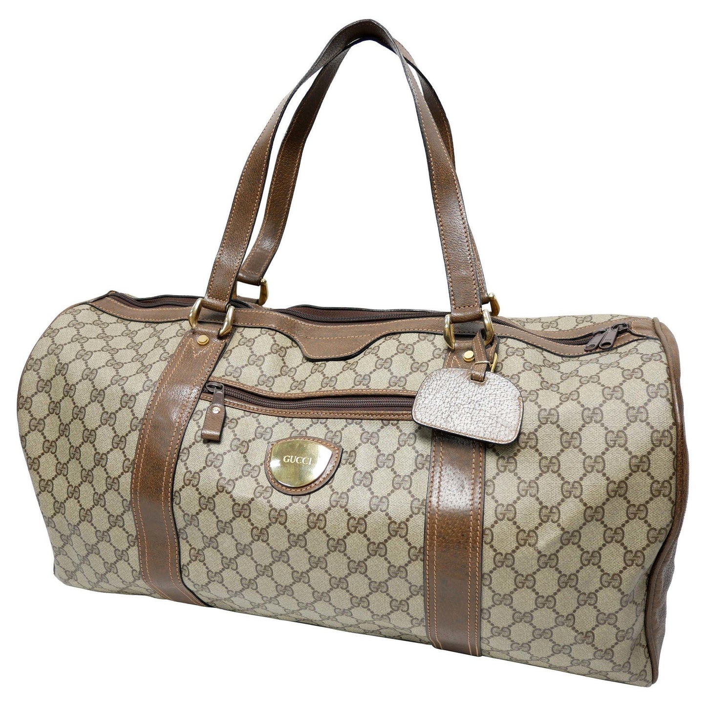 GUCCI Old Gucci Travel Bag Boston Unisex 1970's 70'S GG Pattern / Pigskin Gold Hardware Brown Beige