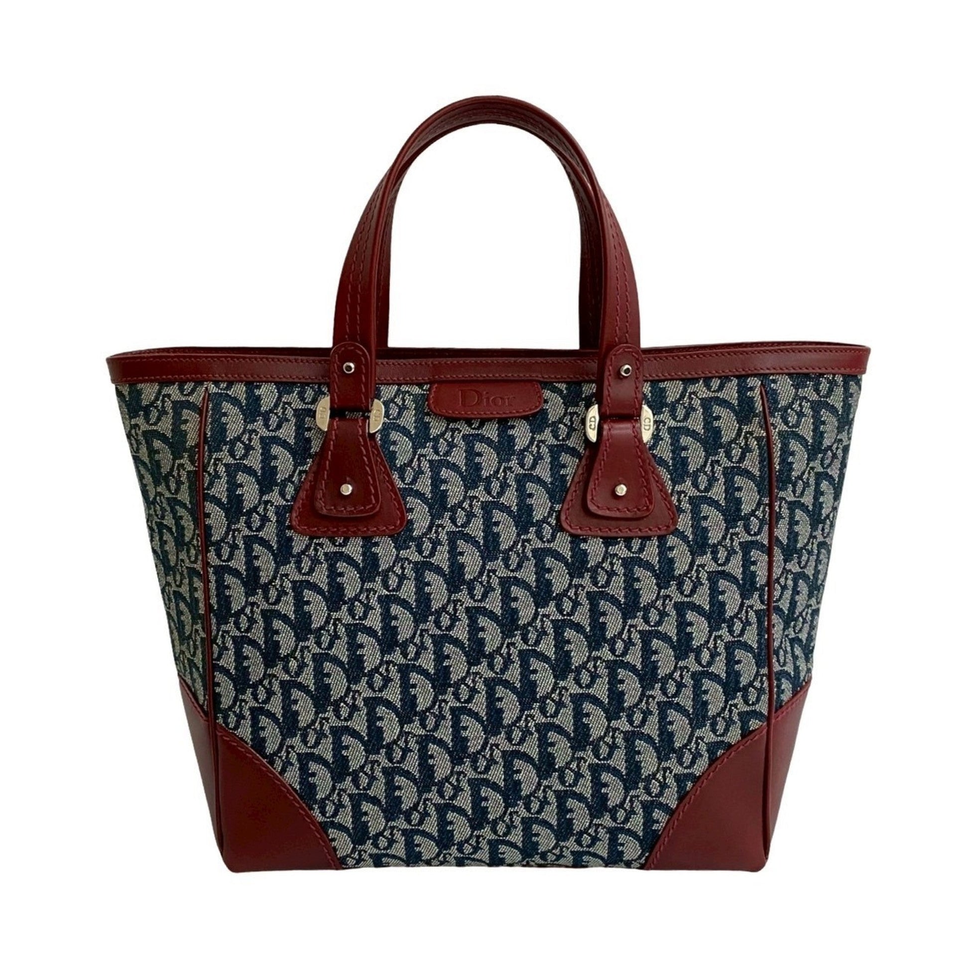 Christian Dior Navy Wine Canvas Leather Handbag Tote Bag ()