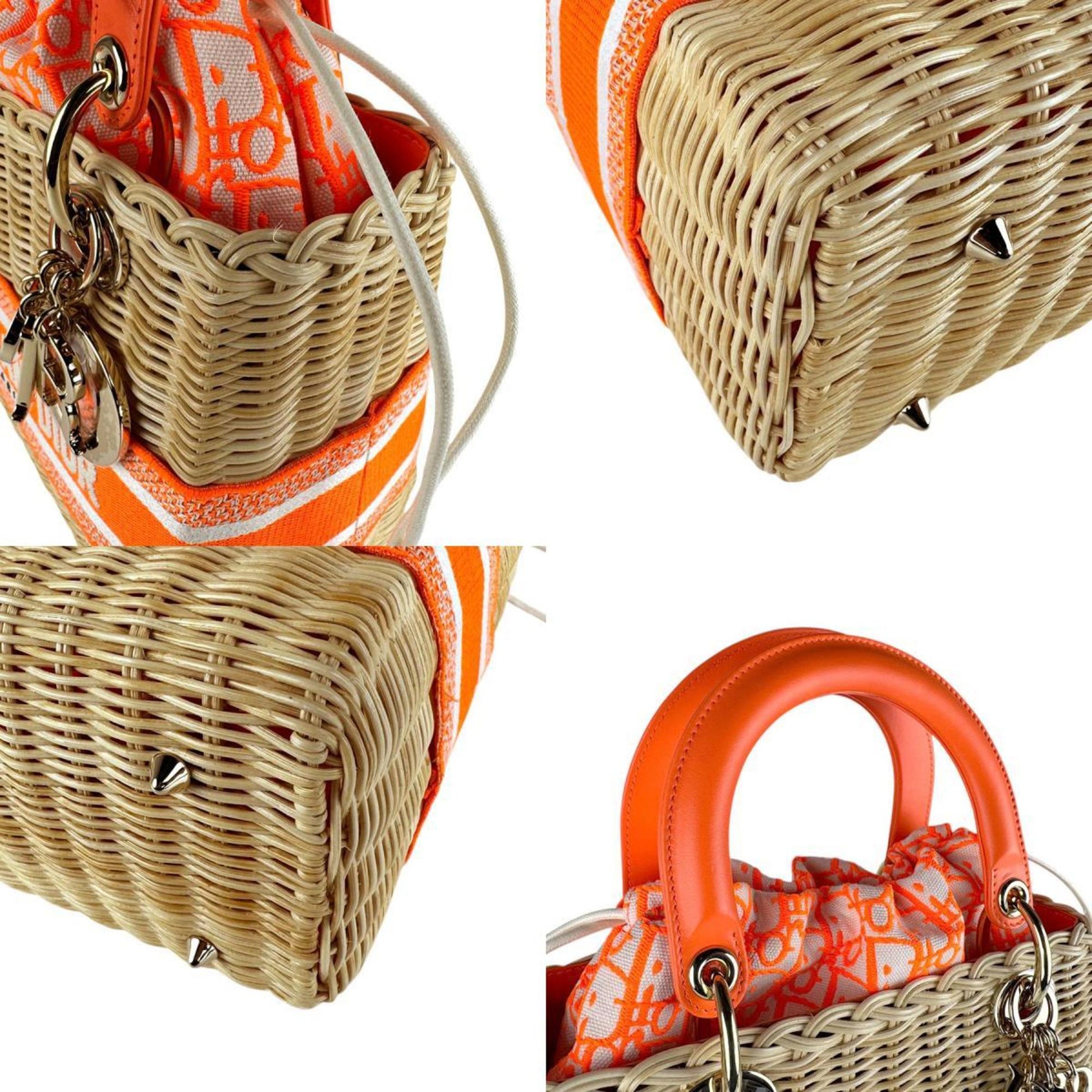 Christian Dior Neon Orange Straw Leather Canvas Handbag Shoulder Bag ()