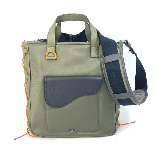 Christian Dior Khaki Orange Nylon Leather Shoulder Bag Tote Bag ()