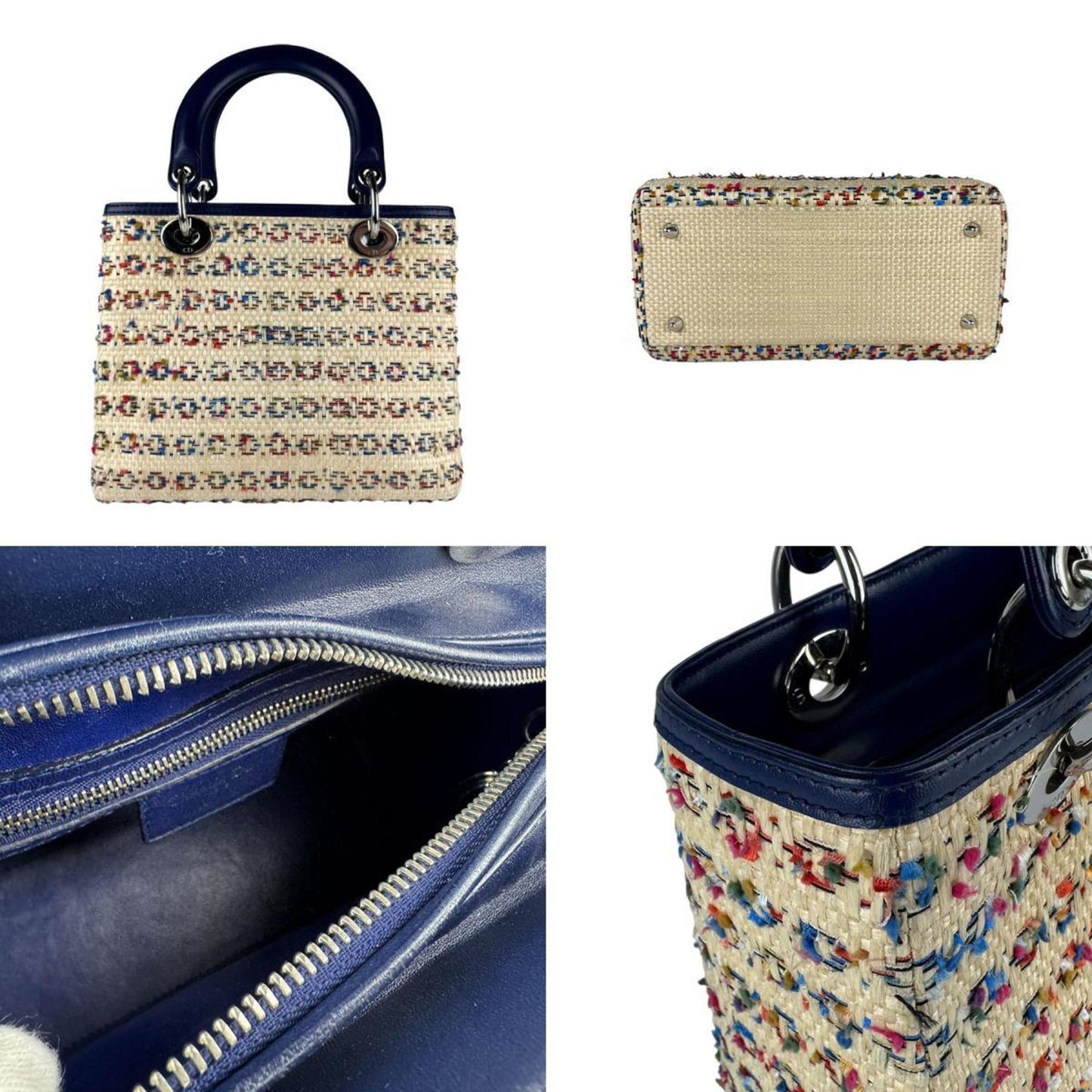 Christian Dior Beige Multi-Color Navy Raffia Leather Handbag Shoulder Bag ()
