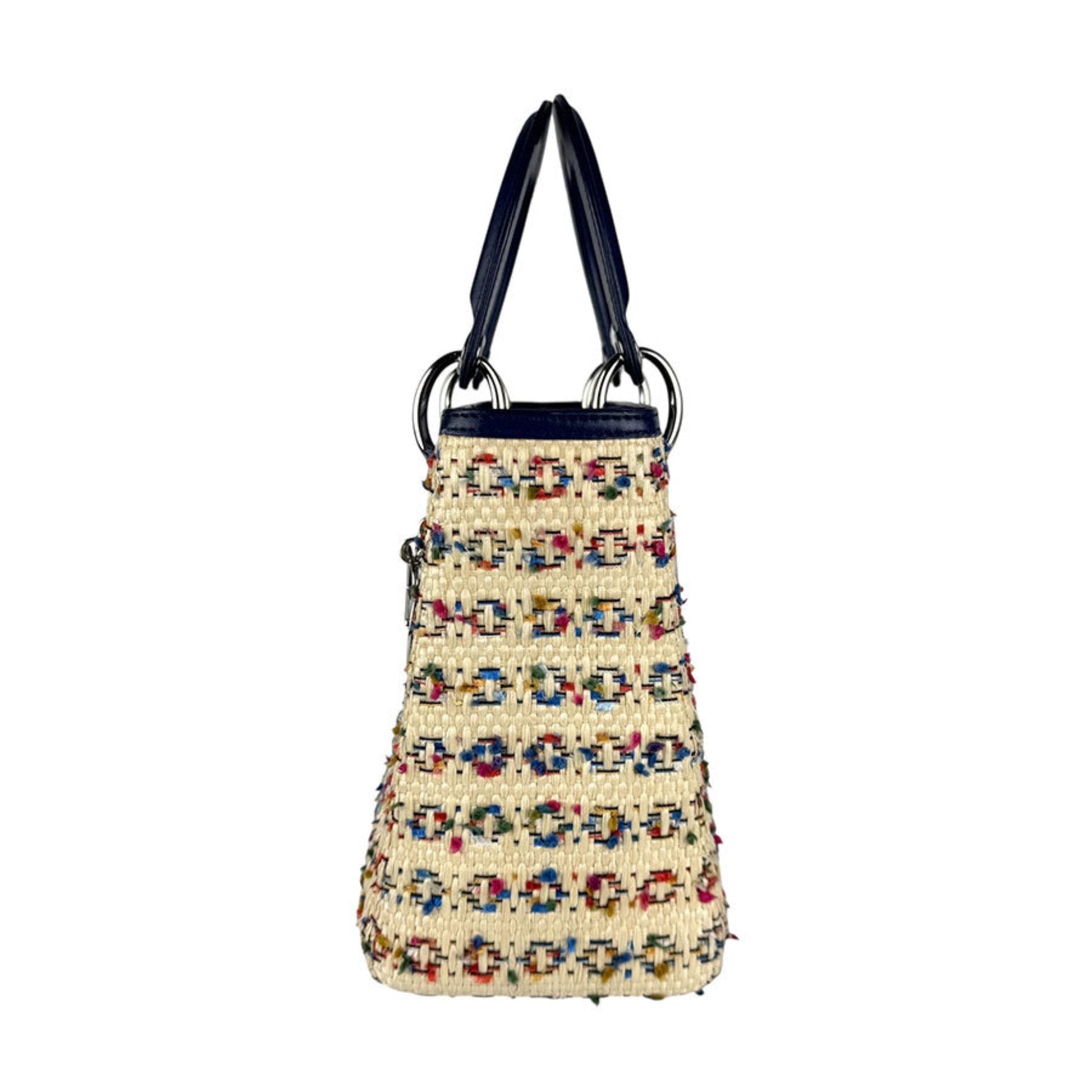 Christian Dior Beige Multi-Color Navy Raffia Leather Handbag Shoulder Bag ()