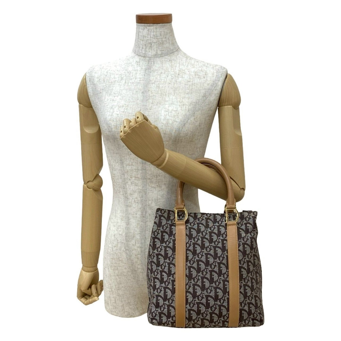 Christian Dior Beige Brown Leather Canvas Handbag ()