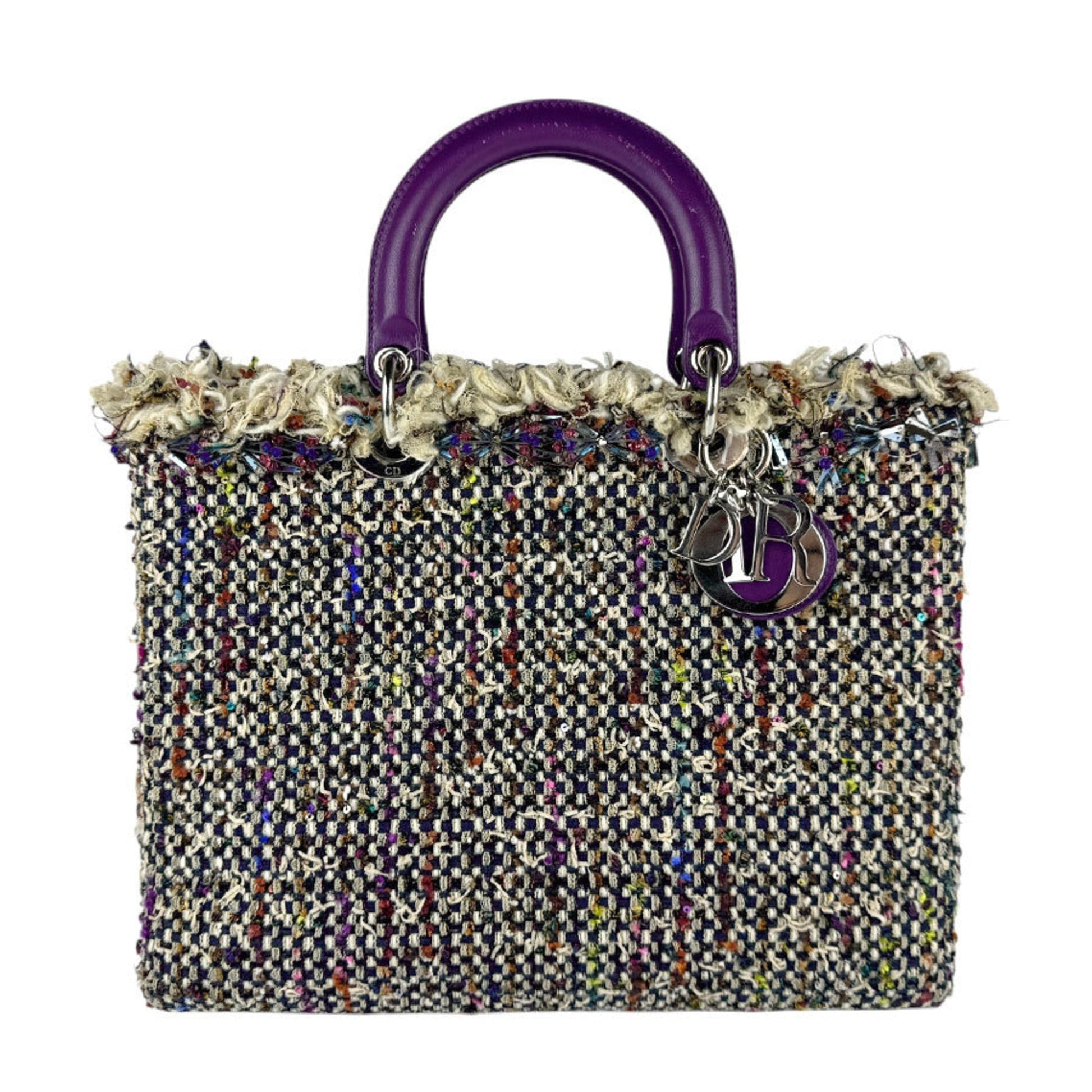 Christian Dior Multi-Color Purple Tweed Leather Handbag Shoulder Bag ()