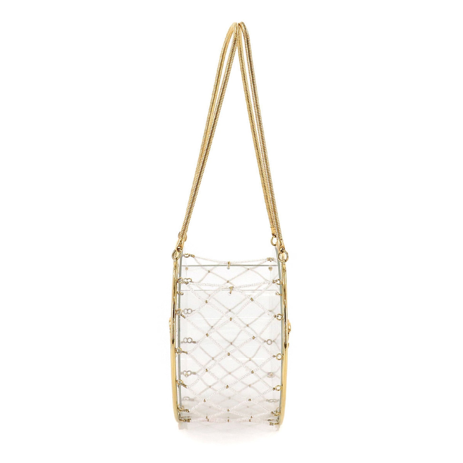 Chanel beads hand bag clear white gold metal fittings here mark
