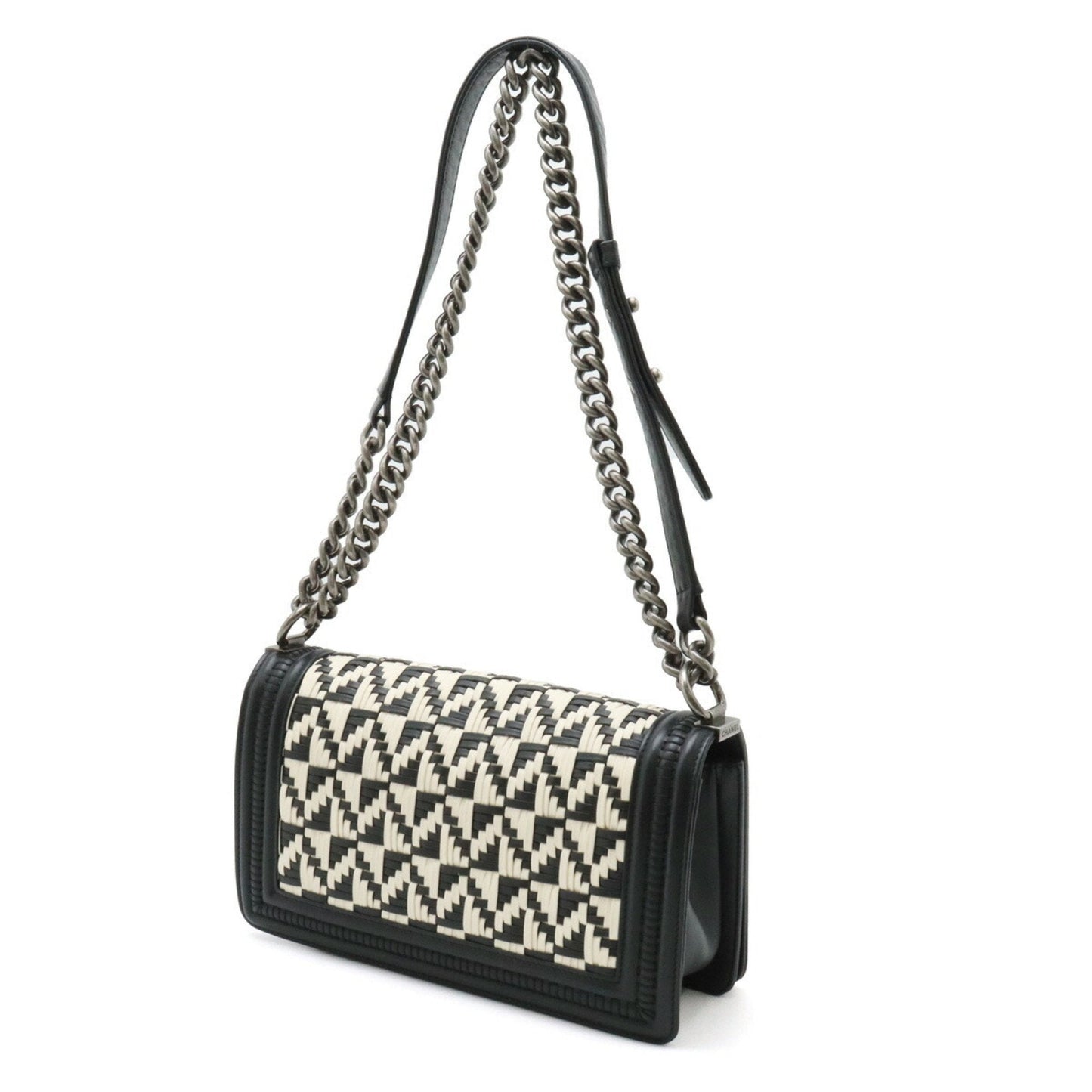 CHANEL Boy Chanel Coco Mark Chain Shoulder Bag Geometric Pattern Bicolor Leather Black White