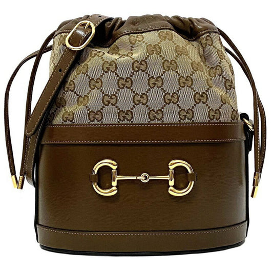 Gucci Horsebit Brown Leather Canvas Shoulder Bag