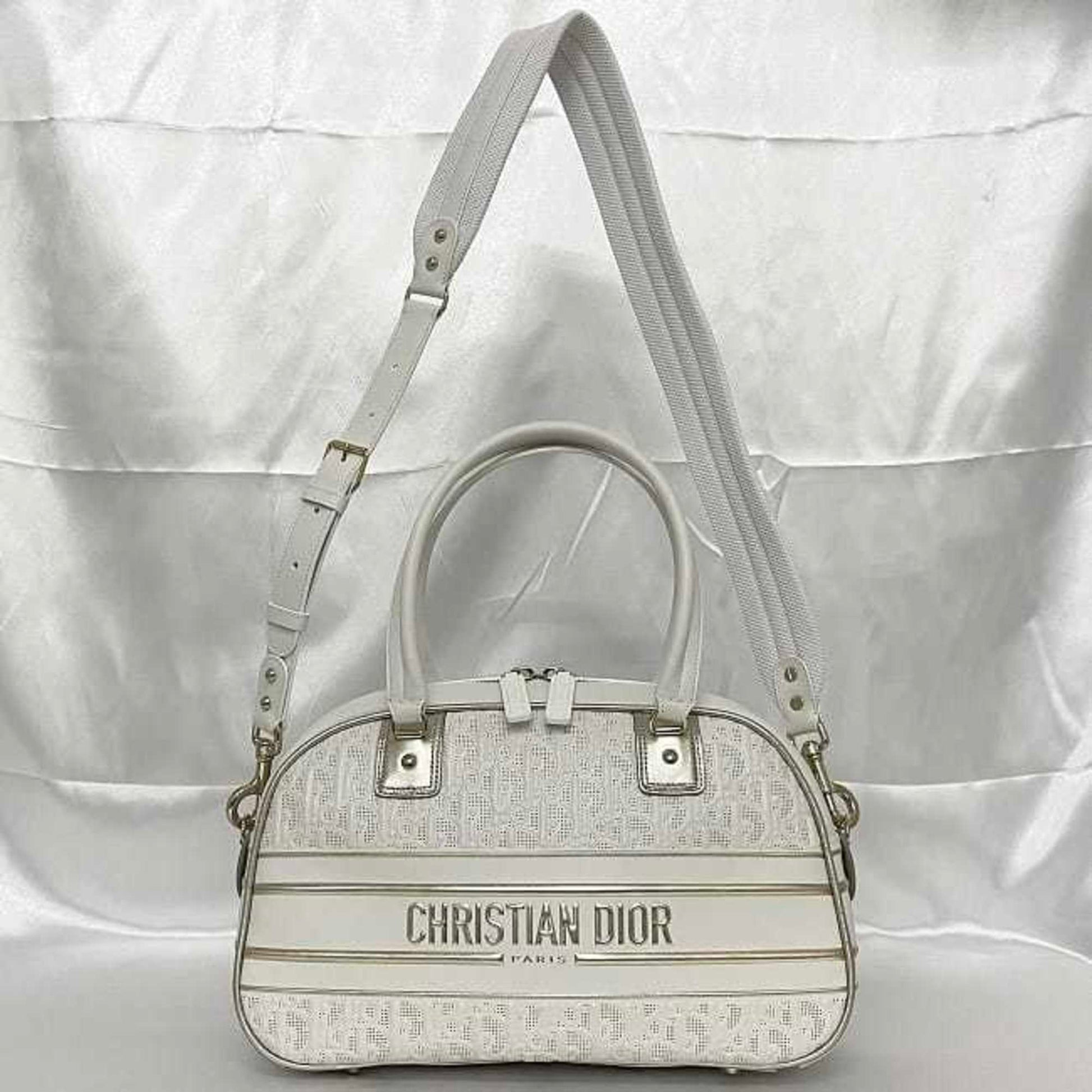 Christian Dior Trotter White Leather Rubber Boston Bag Handbag ()