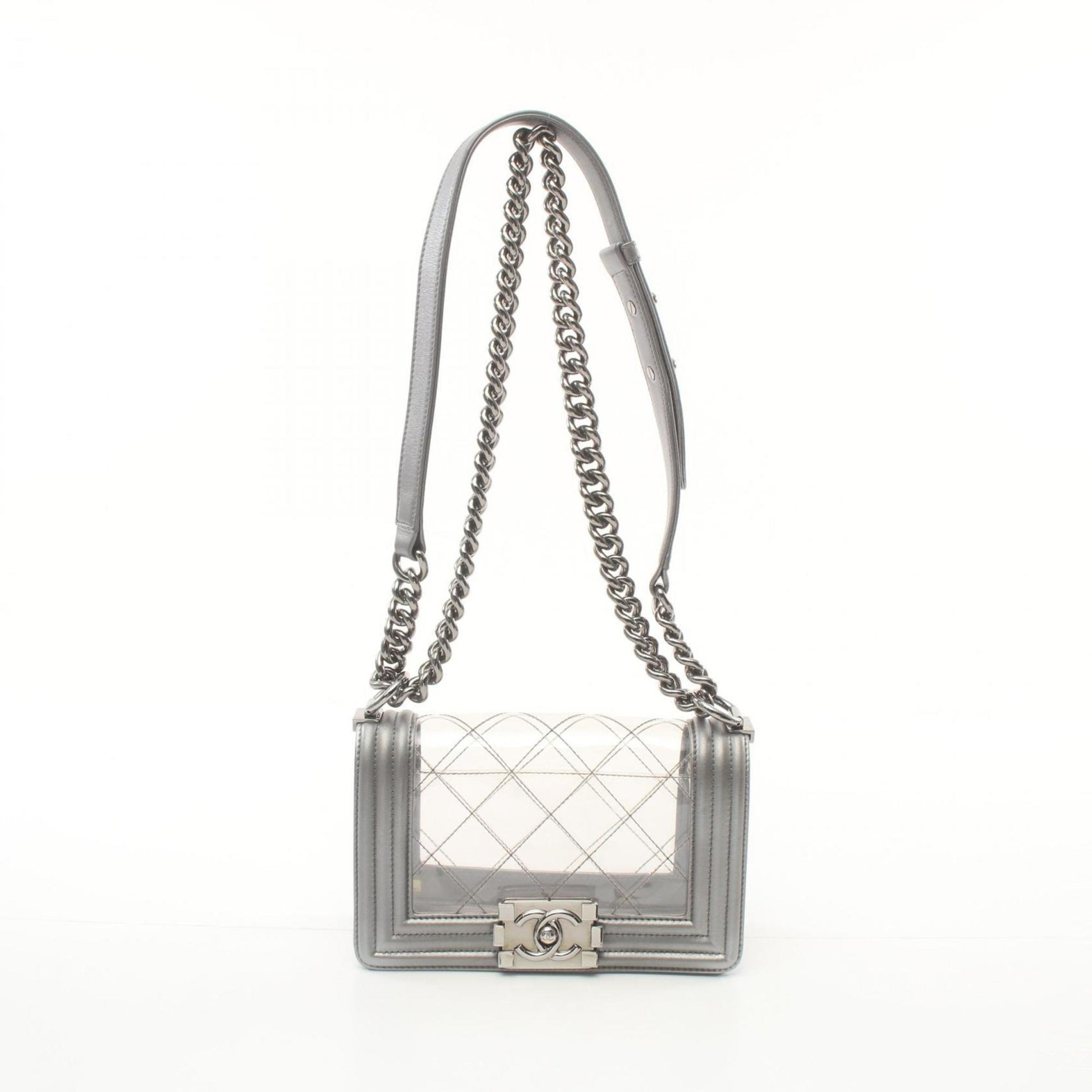 CHANEL Boy Chanel Shoulder Bag Vinyl Lambskin Women's Clear Silver