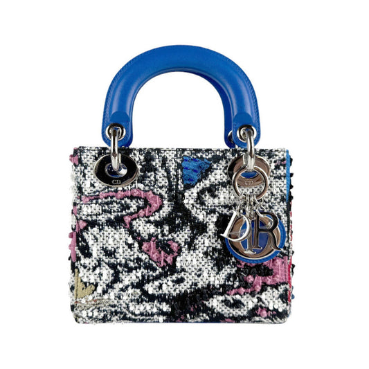 Christian Dior Black Blue Tweed Leather Handbag Shoulder Bag ()