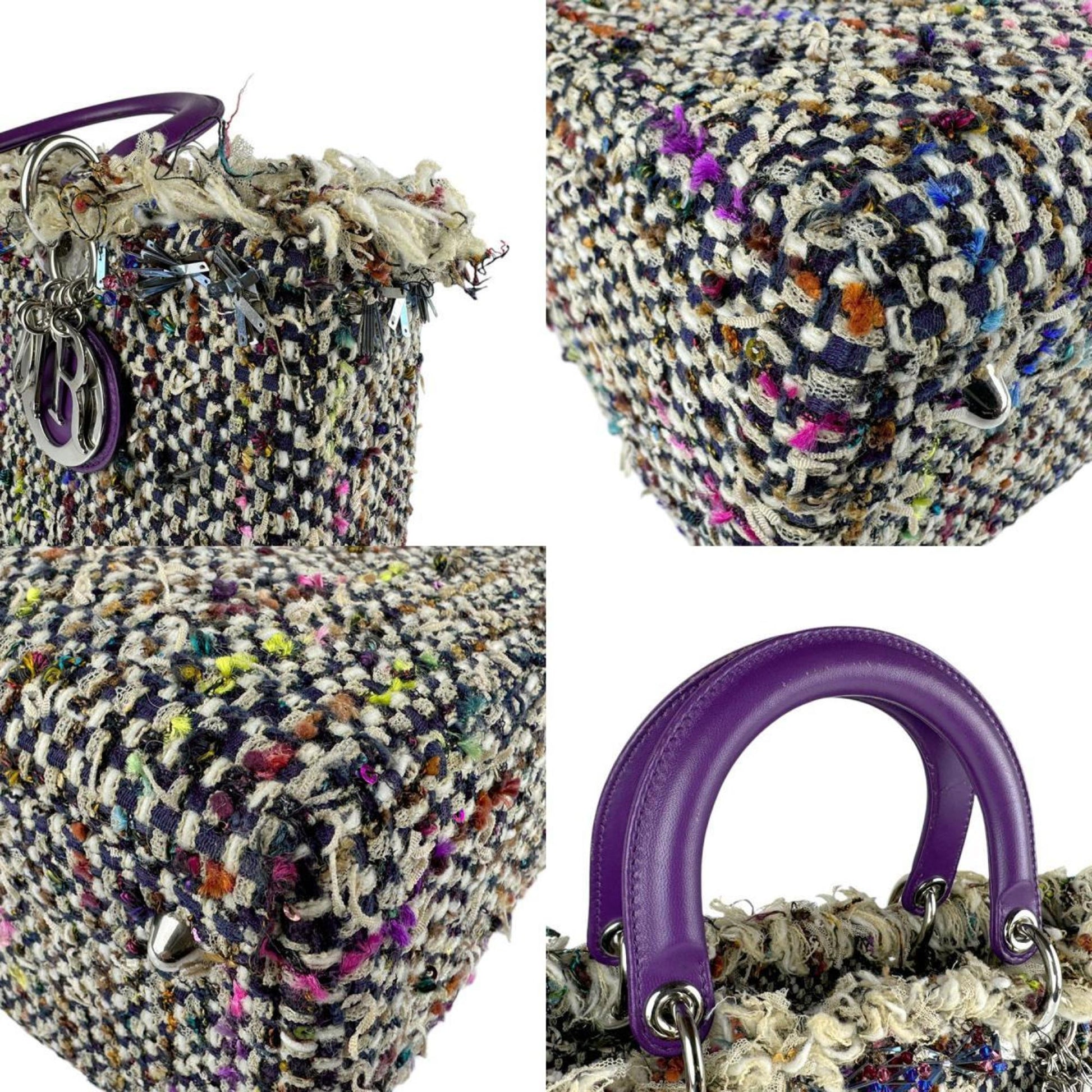 Christian Dior Multi-Color Purple Tweed Leather Handbag Shoulder Bag ()