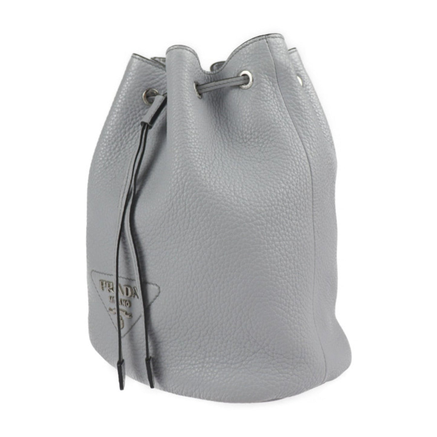 Prada Shoulder Bag Leather Gray Silver Hardware Drawstring Triangle Logo Plate