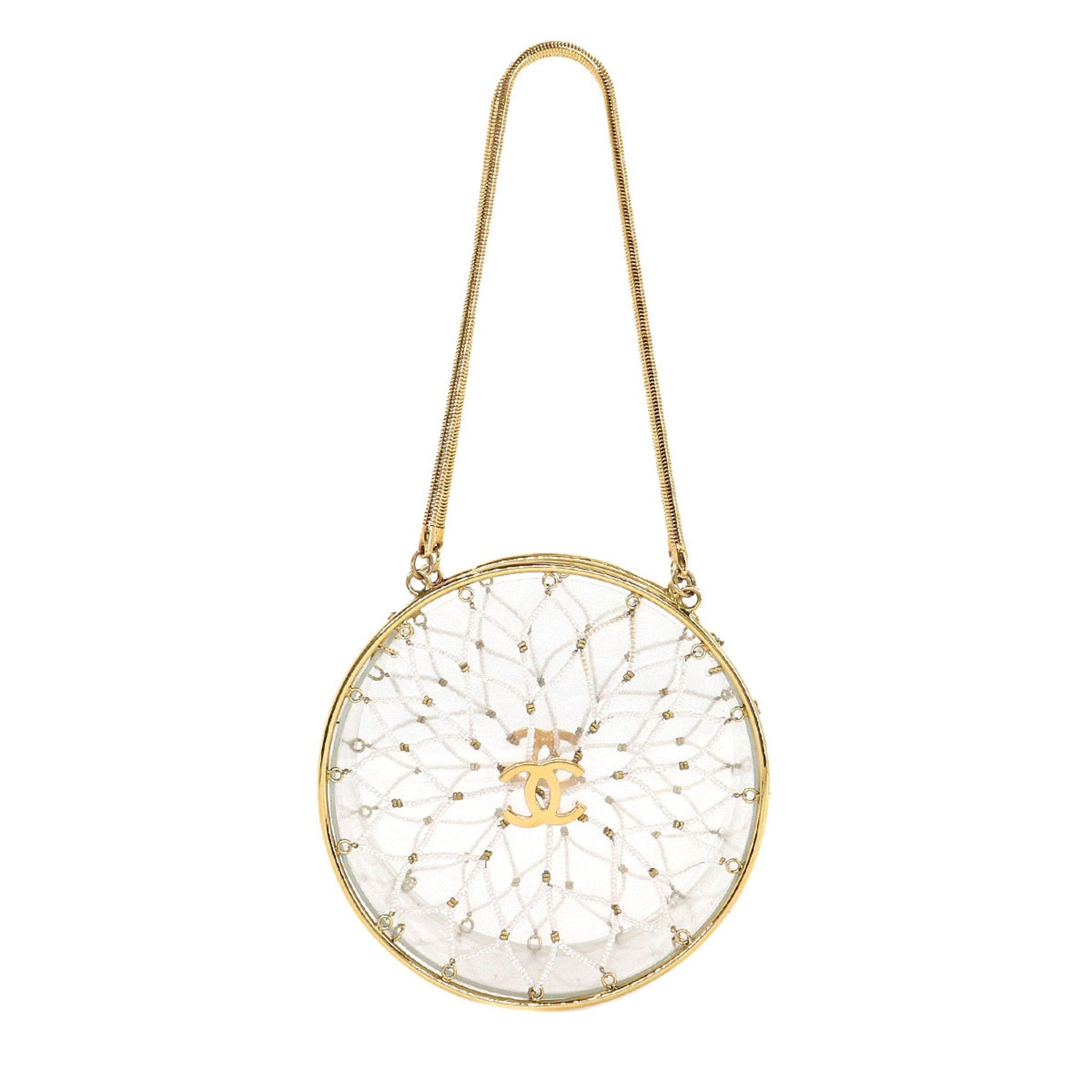 Chanel beads hand bag clear white gold metal fittings here mark