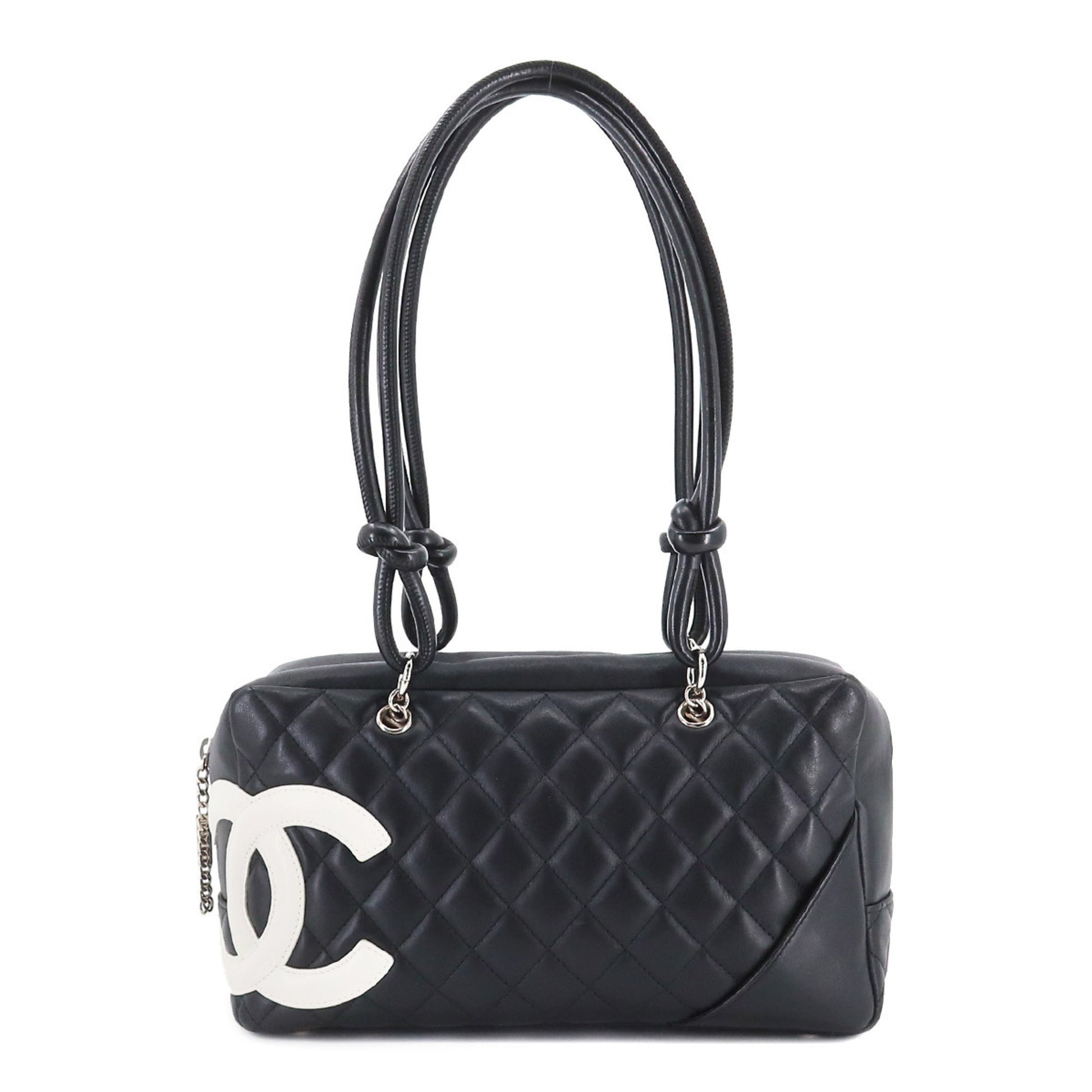 CHANEL Cambon Line Bowling Shoulder Bag Leather Black White A25171