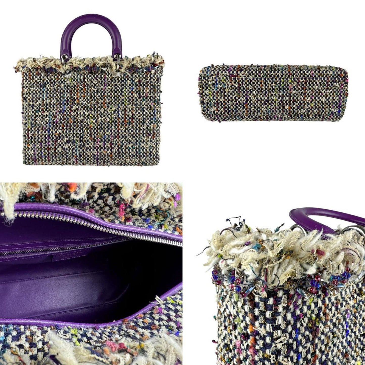 Christian Dior Multi-Color Purple Tweed Leather Handbag Shoulder Bag ()