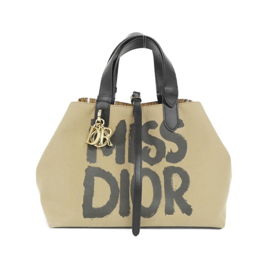 Christian Dior Beige Black Cotton Leather Handbag ()