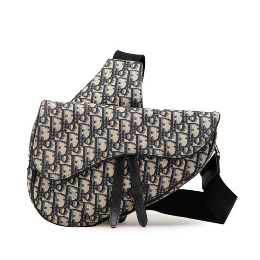 Christian Dior Beige Navy Canvas Leather Saddle Bag Shoulder Bag Sling Bag ()