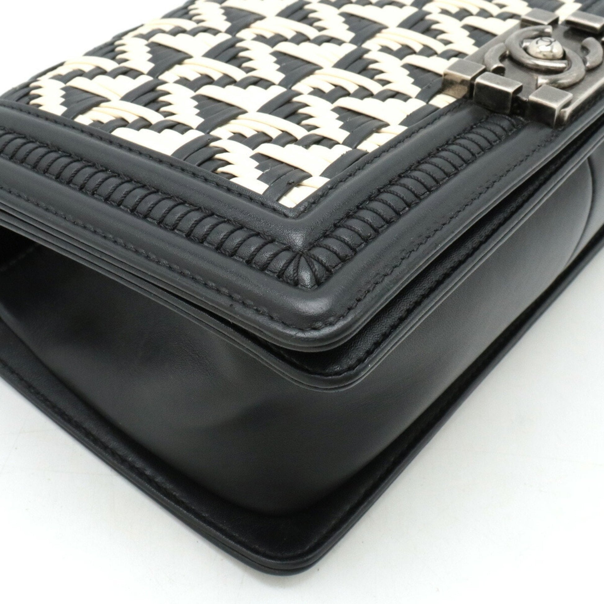 CHANEL Boy Chanel Coco Mark Chain Shoulder Bag Geometric Pattern Bicolor Leather Black White