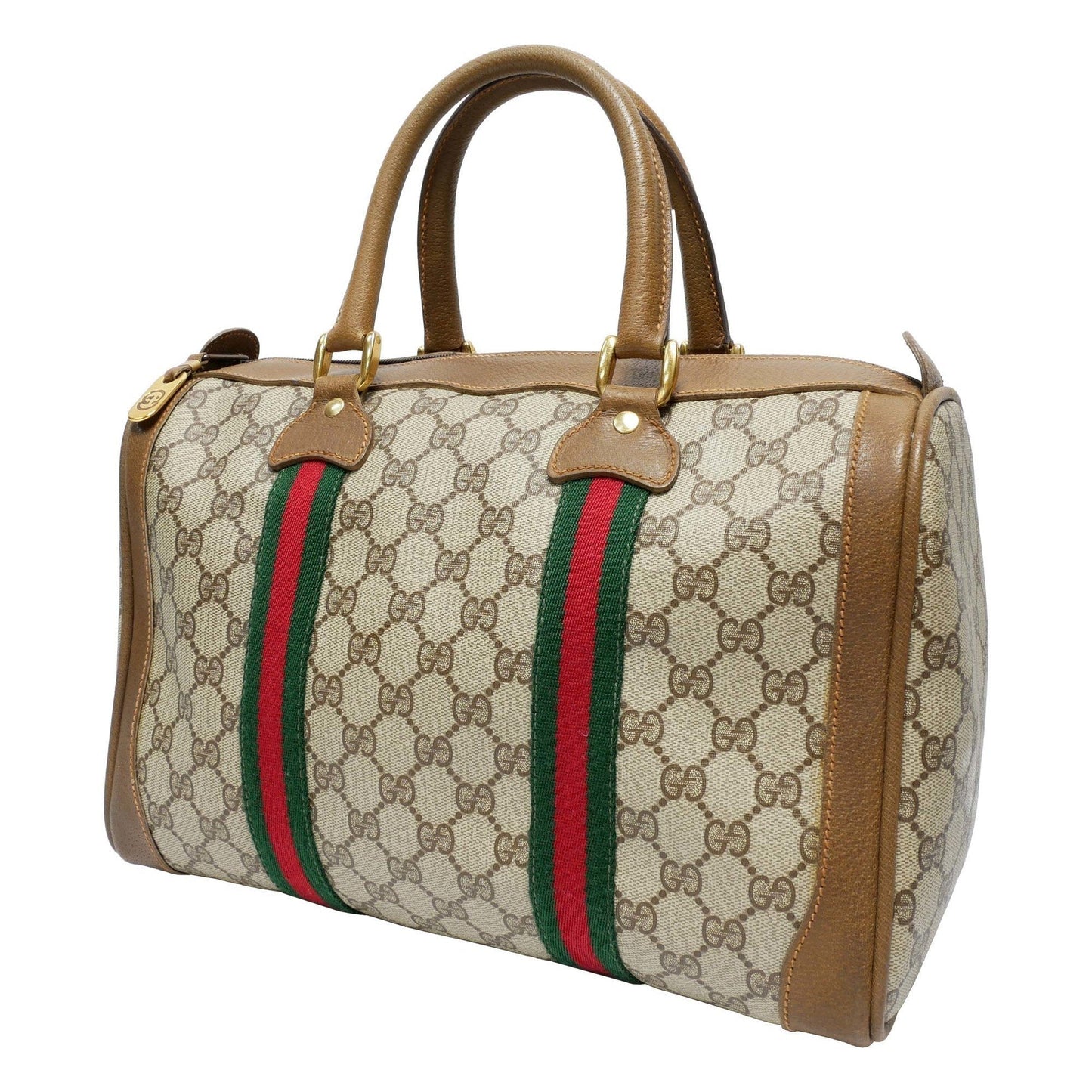 GUCCI Old Gucci Mini Boston Bag Handbag Barrel Unisex 1970's 70'S Sherry Line GG Pattern/Leather Gold Hardware Brown/Beige
