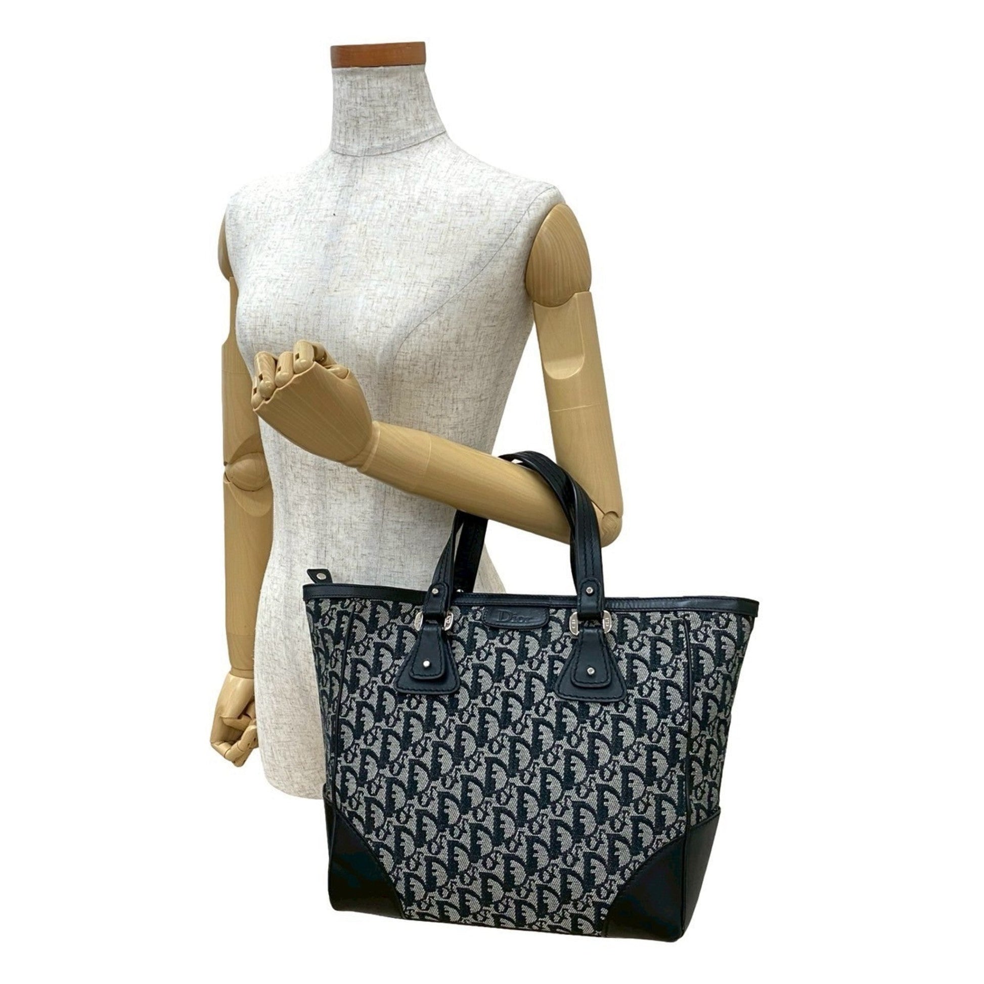 Christian Dior Black Canvas Leather Handbag Tote Bag ()