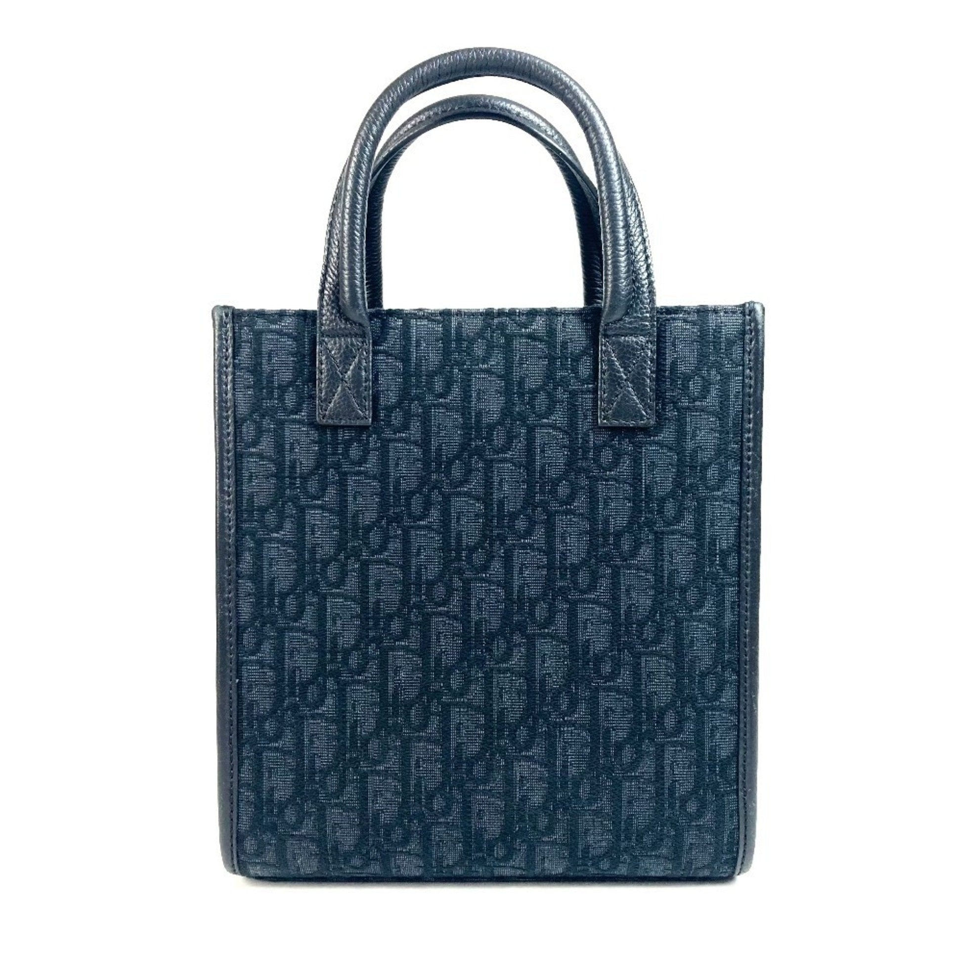 Christian Dior Black Dark Navy Canvas Leather Handbag Tote Bag ()