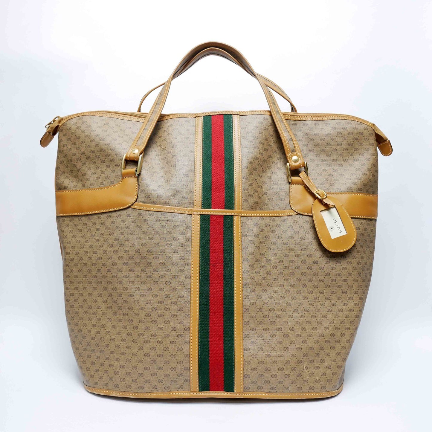 Gucci Old Gucci Large Tote Bag Boston Travel Unisex 1980s 80s Sherry Line Micro GG Pattern Capacity Leather Gold Hardware Beige Camel