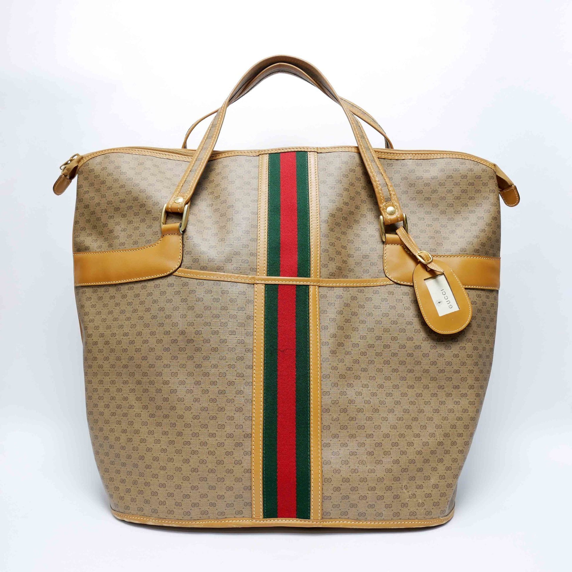 Gucci Old Gucci Large Tote Bag Boston Travel Unisex 1980s 80s Sherry Line Micro GG Pattern Capacity Leather Gold Hardware Beige Camel