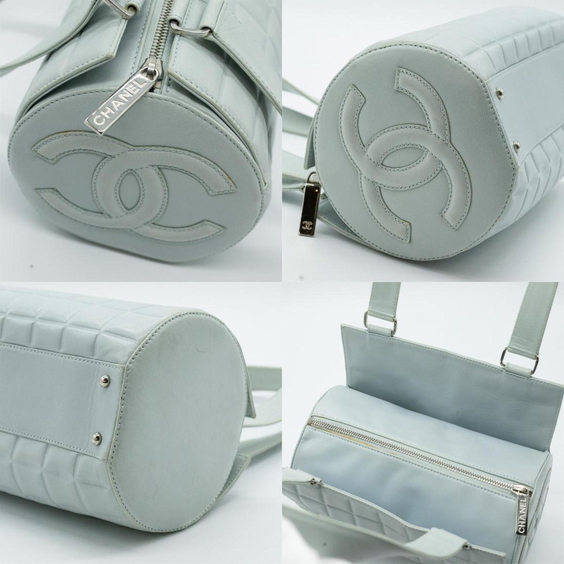CHANEL Boston Bag Chocolate Bar Coco Mark Leather Light Blue Silver Women's PD292