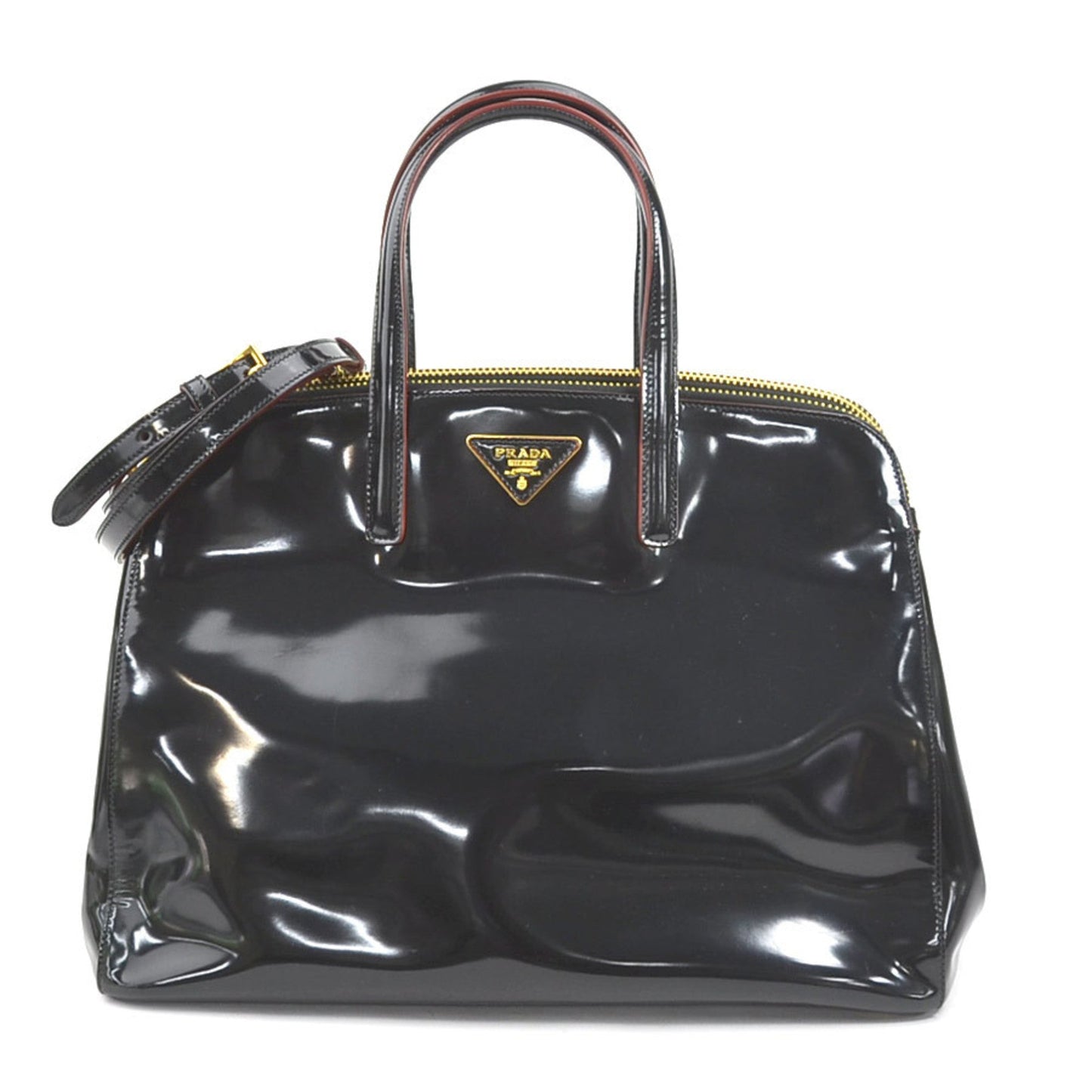 Prada HandBag Shoulder Bag Patent Leather Black x Red Unisex