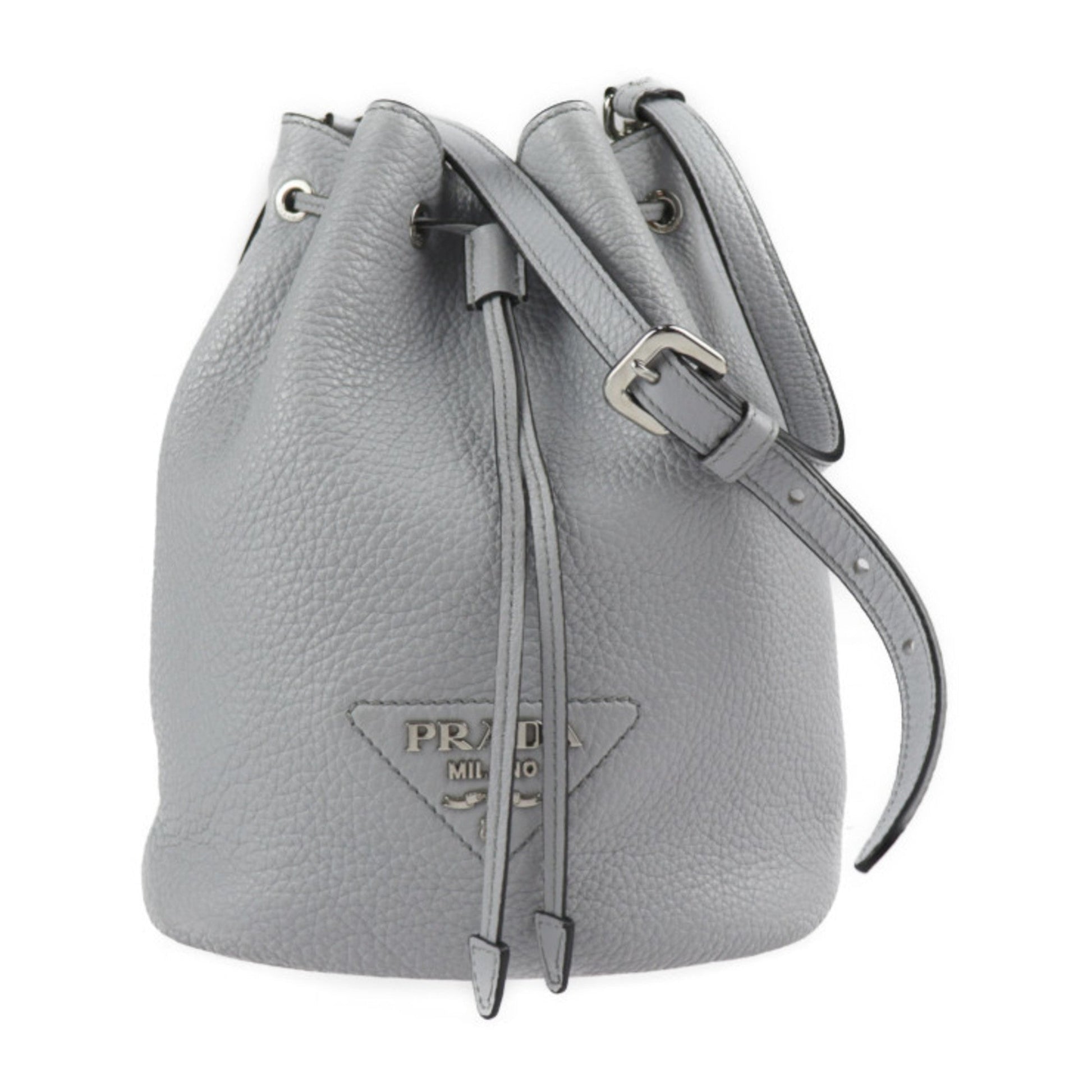 Prada Shoulder Bag Leather Gray Silver Hardware Drawstring Triangle Logo Plate