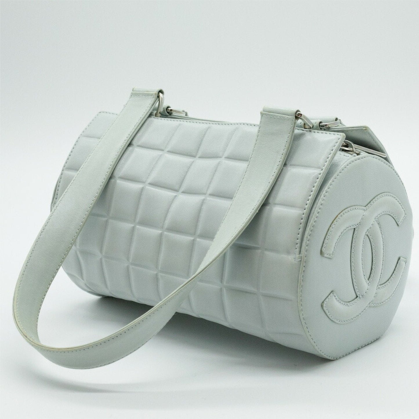 CHANEL Boston Bag Chocolate Bar Coco Mark Leather Light Blue Silver Women's PD292