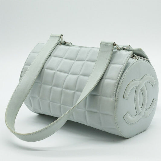 CHANEL Boston Bag Chocolate Bar Coco Mark Leather Light Blue Silver Women's PD292