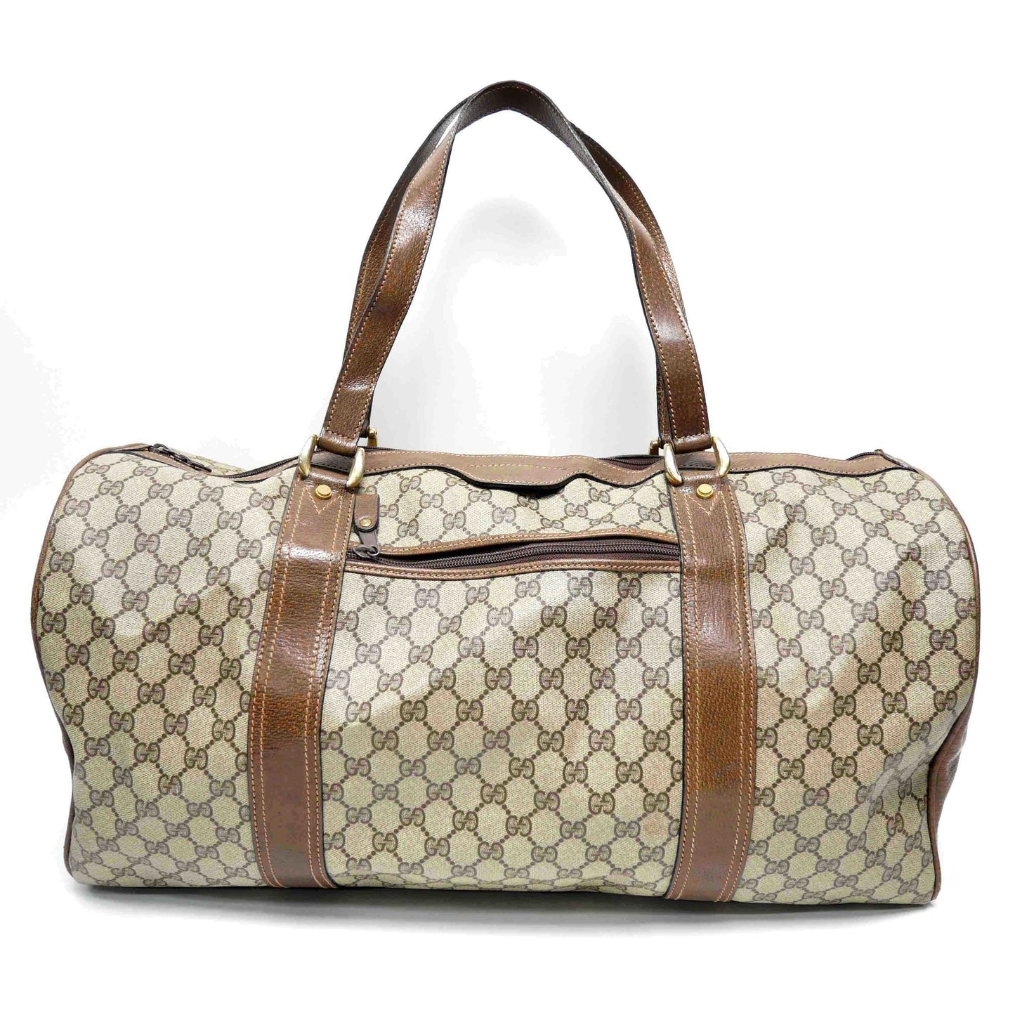 GUCCI Old Gucci Travel Bag Boston Unisex 1970's 70'S GG Pattern / Pigskin Gold Hardware Brown Beige